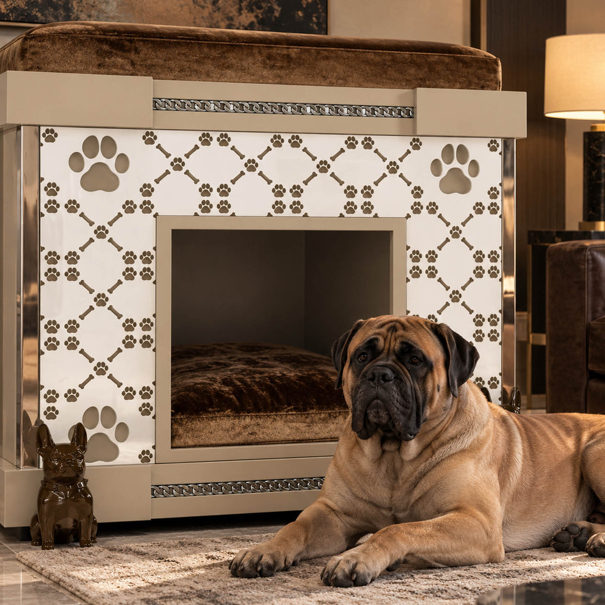 A tan and black French Bulldog lies on a rug in front of a decorative pet bed with a plush brown cushion, set in a luxurious indoor room.