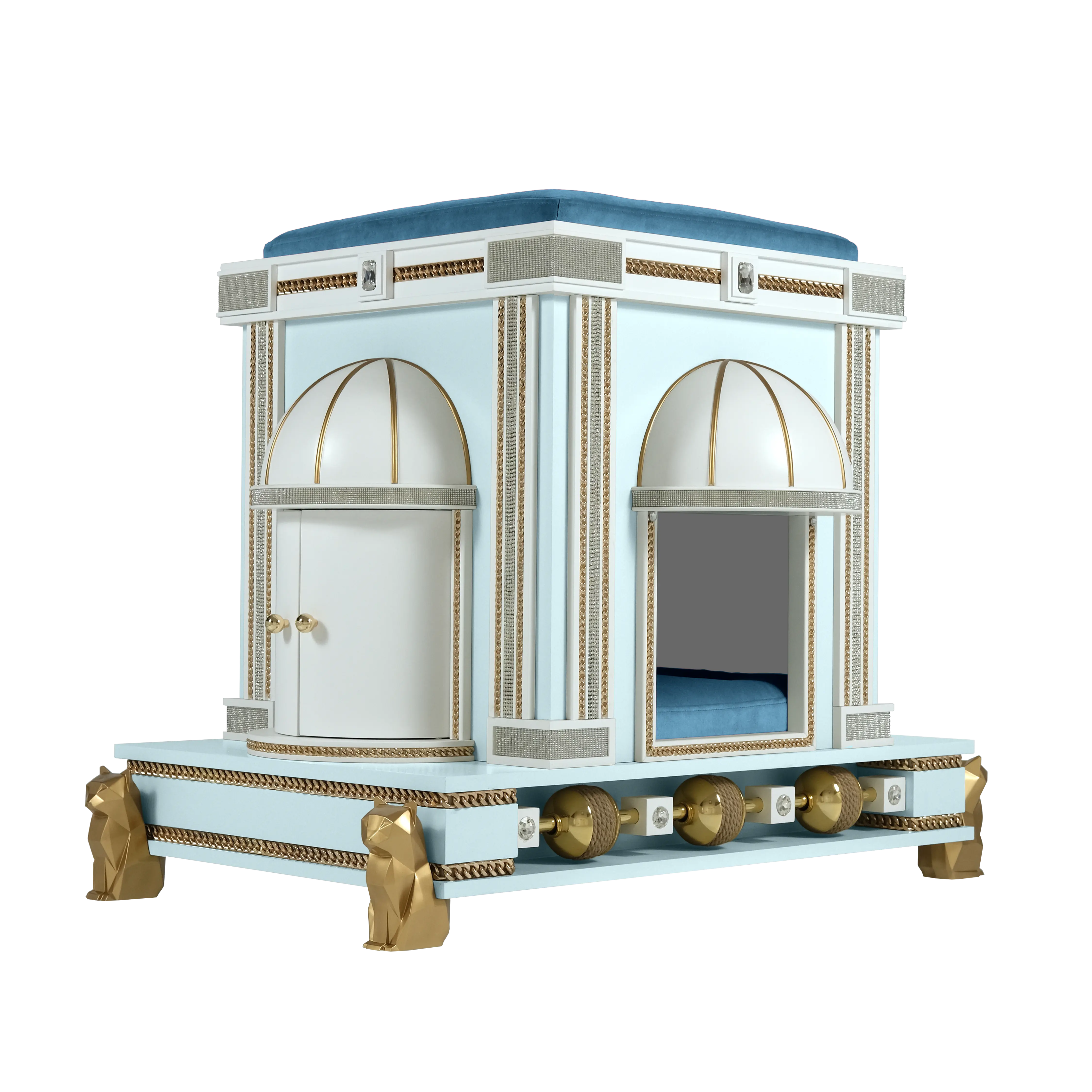   Side view of the Bonnie Blue modern designer cat house pet palace showing the elegant gazebos and luxury hand-made cat casters for a premium kitten.