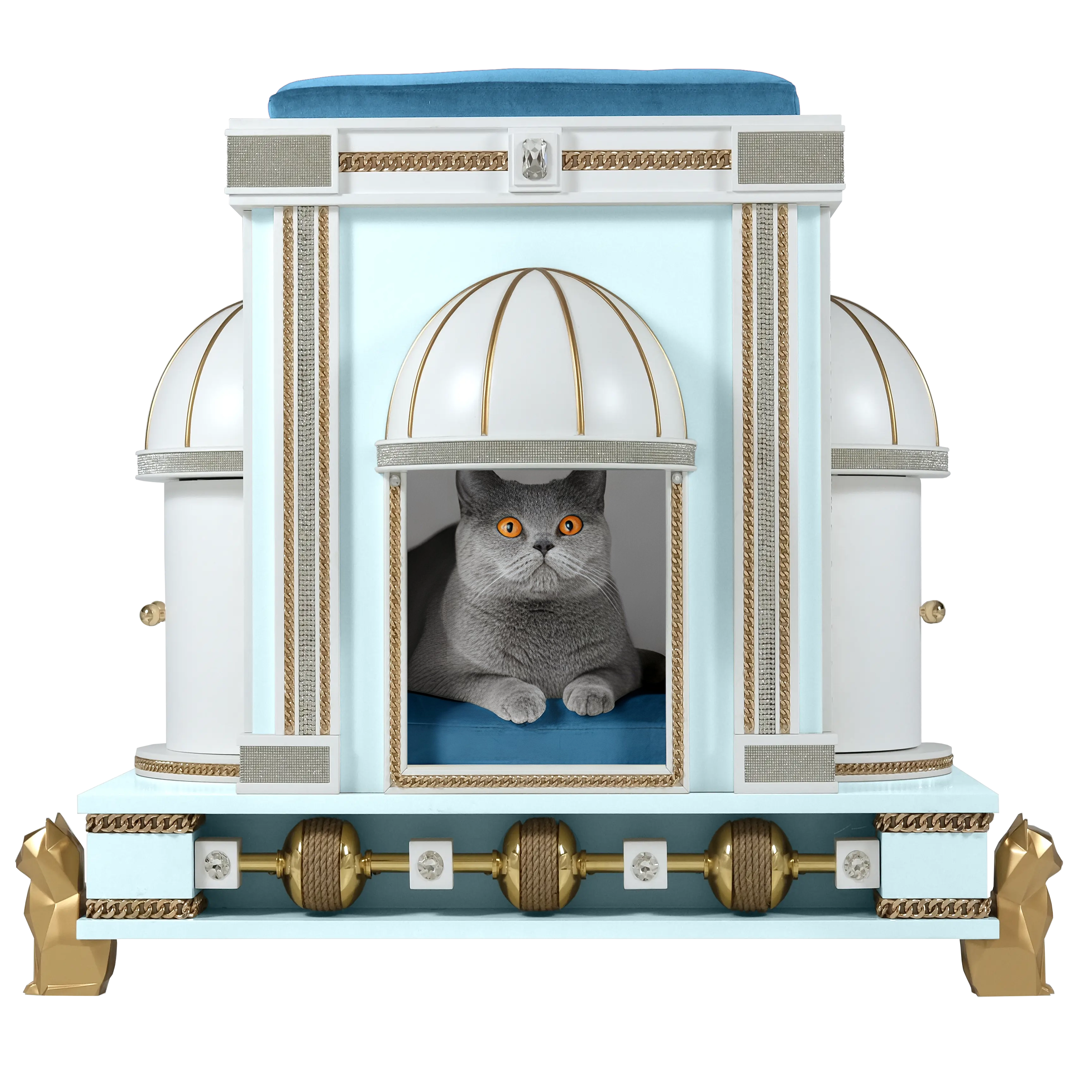 Front entrance of the Bonnie Blue modern designer cat house pet palace featuring ultra-luxury elements, side closets, and 24k gold accents for a premium cat or kitten.