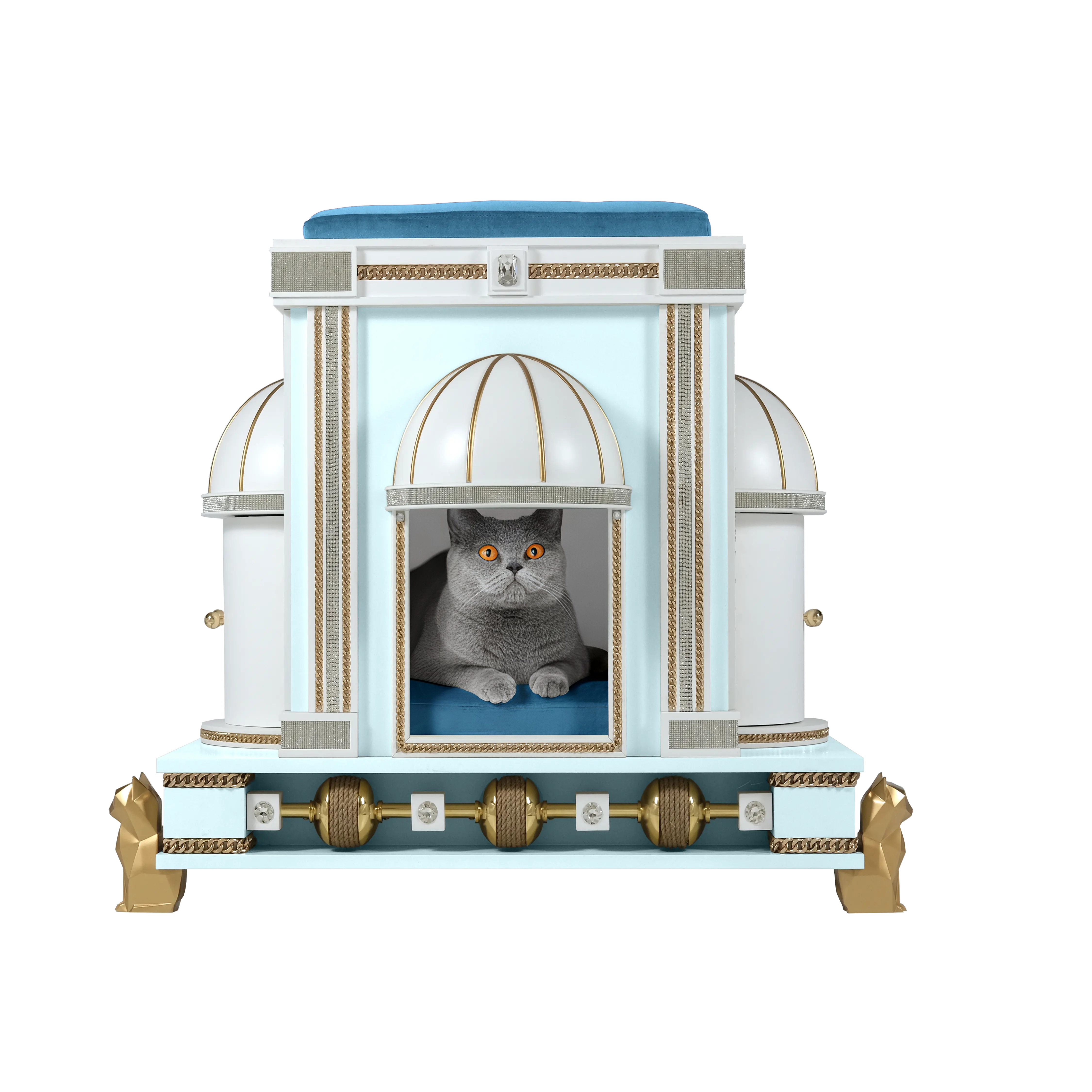 Front entrance of the Bonnie Blue modern designer cat house pet palace featuring ultra-luxury elements, side closets, and 24k gold accents for a premium cat or kitten.