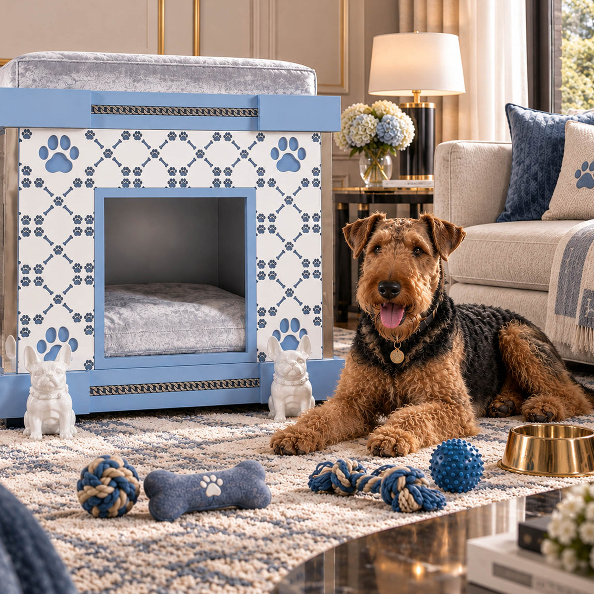 A wirehaired dog lies on a patterned rug in a styled living room, next to a blue and white patterned pet house, rope toys, a blue ball toy, a small white dog statue, and a gold bowl.
