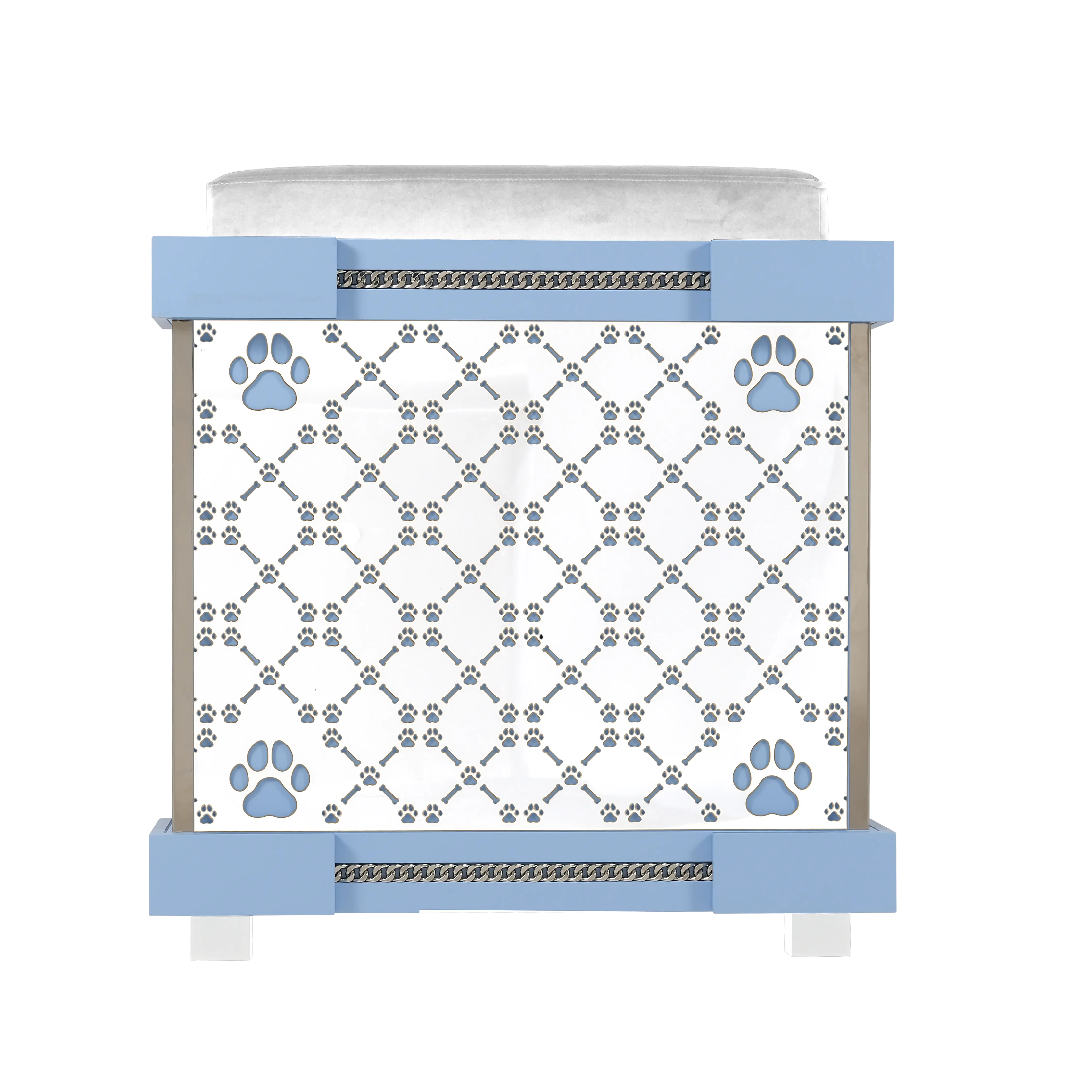 Rear view of the Bonnie puppy kennel house showcasing the signature patterned walls.
