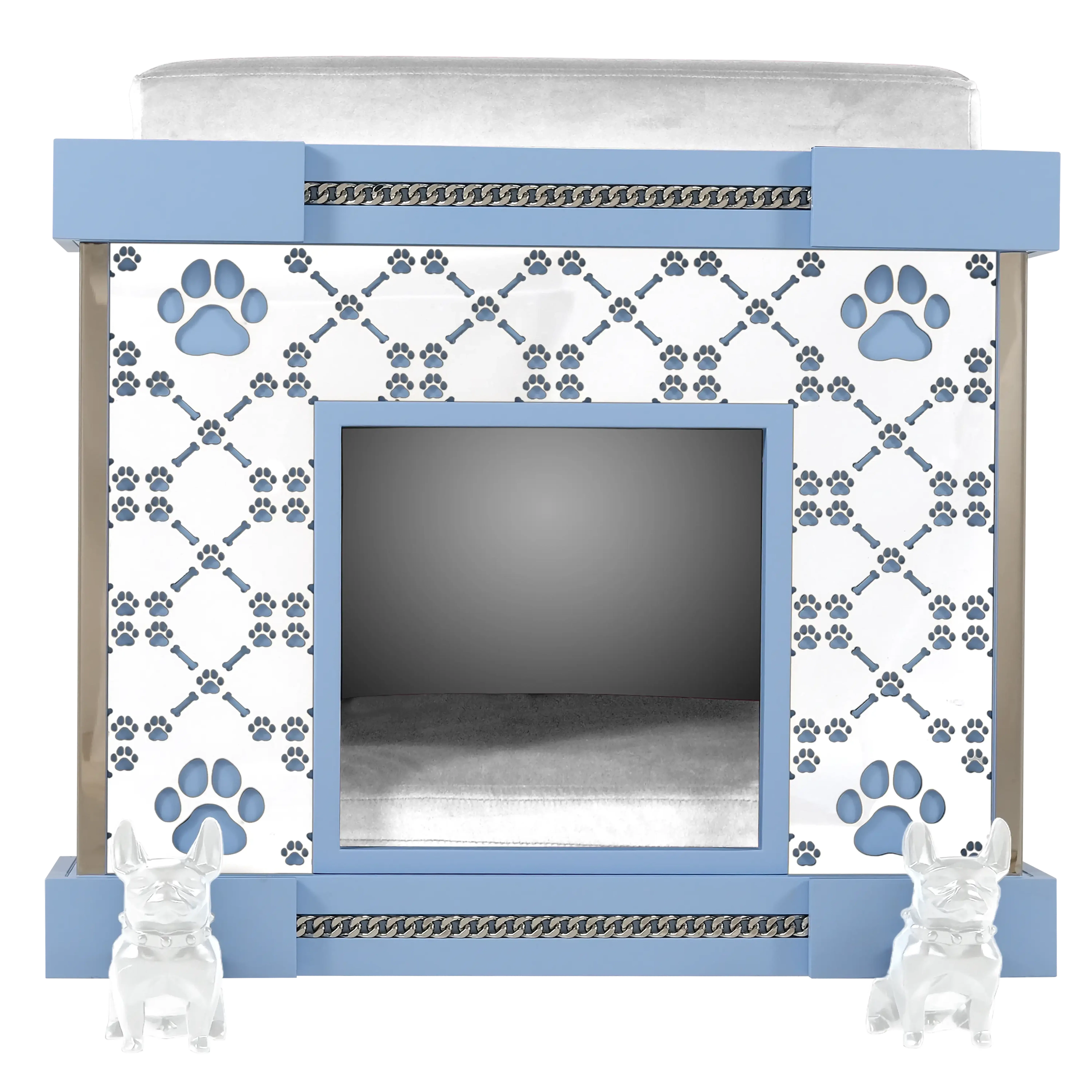 "Designer Bleuy kennel facade you will love, featuring white French Bulldog casters for fashion dogs and icon pets."