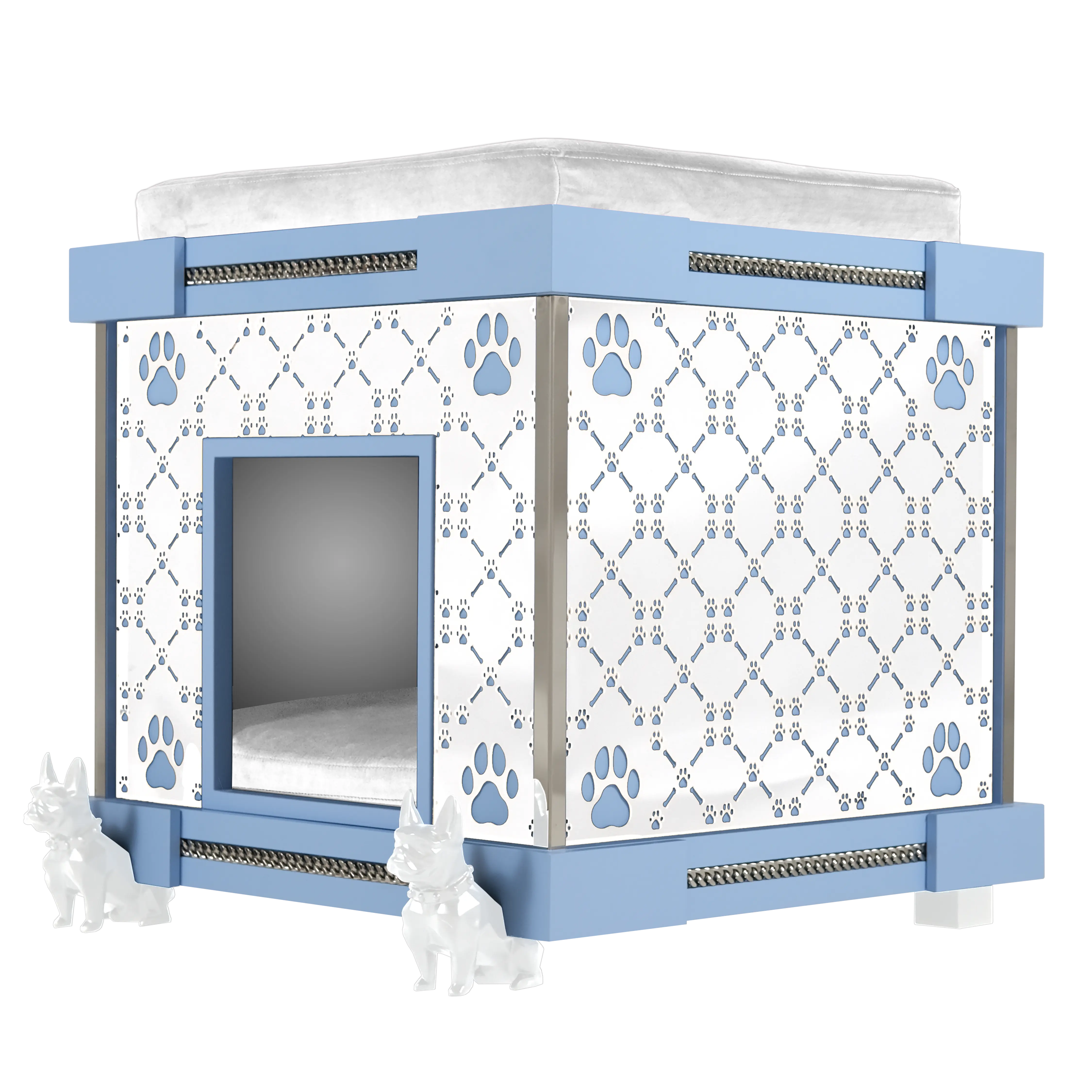 "Side profile of the modern Bleuy Puppy Play Royal Palace kennel; a designer x-large piece that icon pets love."