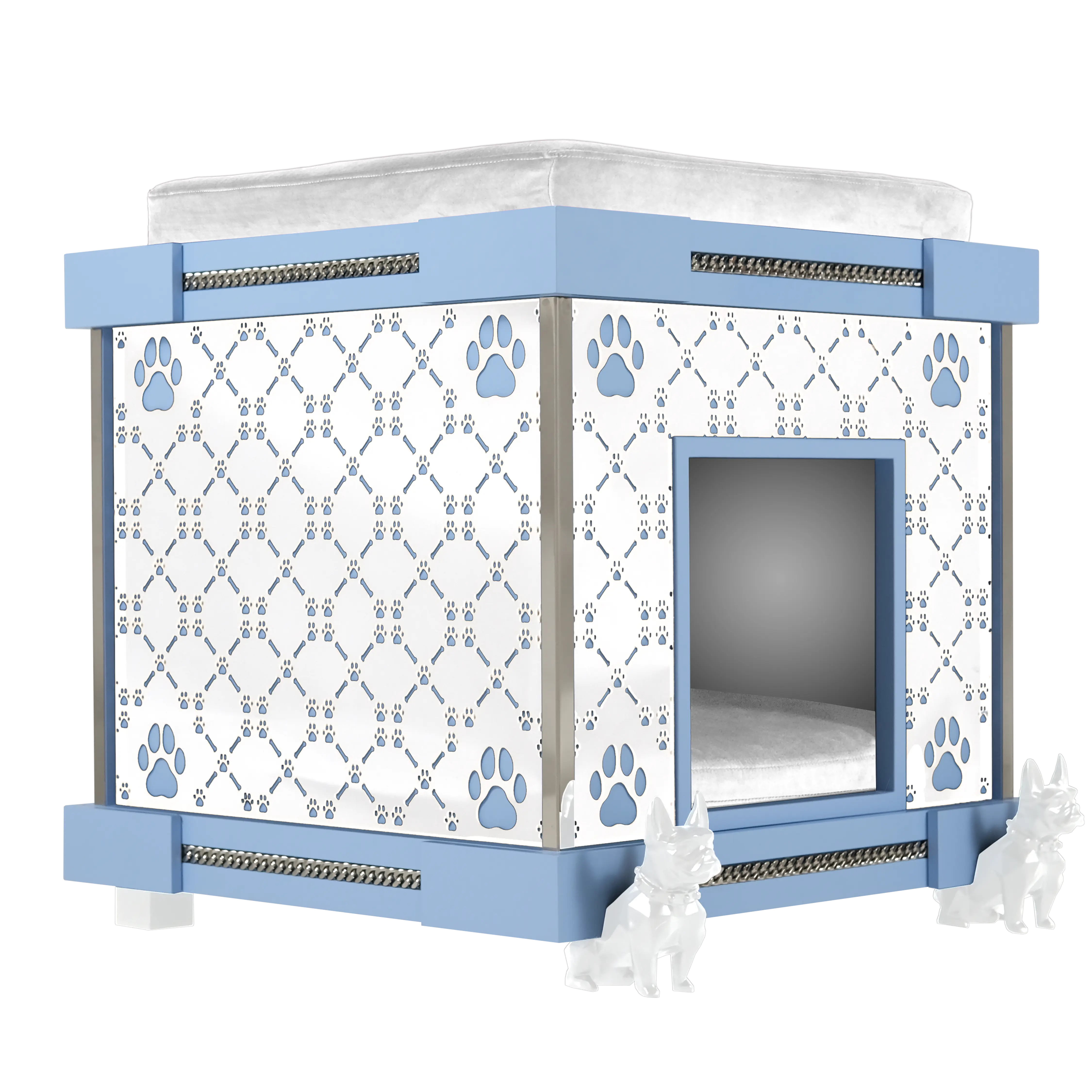 "Extra-large dog breeds will love the spacious Bleuy Royal Palace interior with a velvet bed and polished steel."