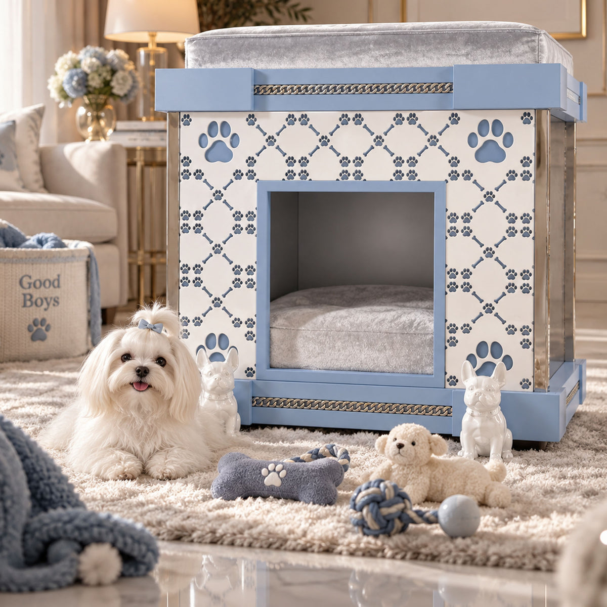 A small white dog sits on a cream rug beside a decorative pet house. The house has a white exterior with blue paw-print and diamond patterns and light blue trim, plus a gray cushioned bed inside.