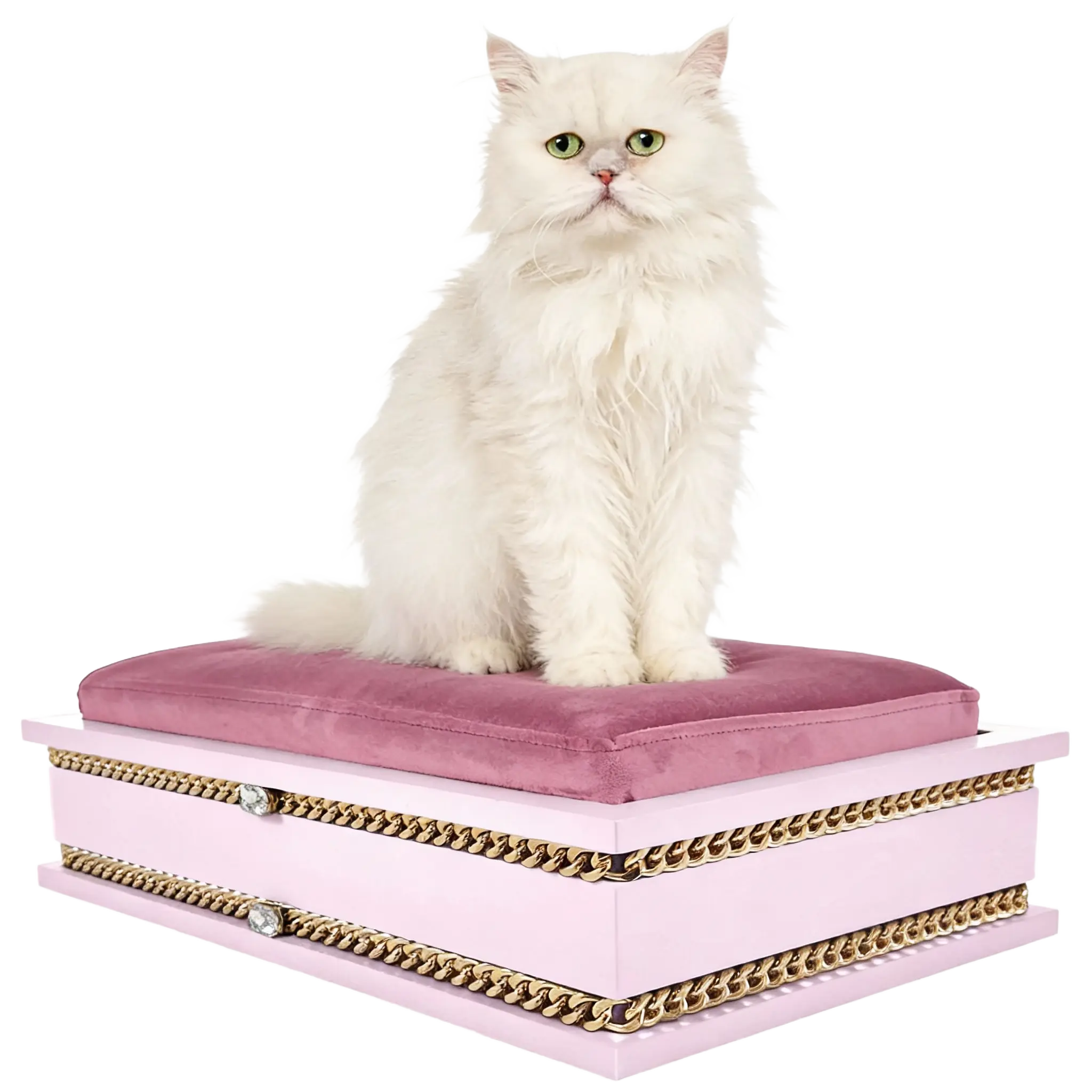 FUROAR Cakies Medium luxury designer pet bed for cats and toy dogs with gold jewelry accessories.
