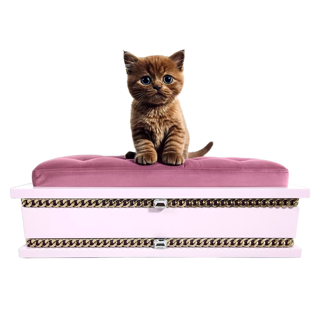 FUROAR Cakies Small luxury designer pet bed for kittens and puppies with gold jewelry accessories.