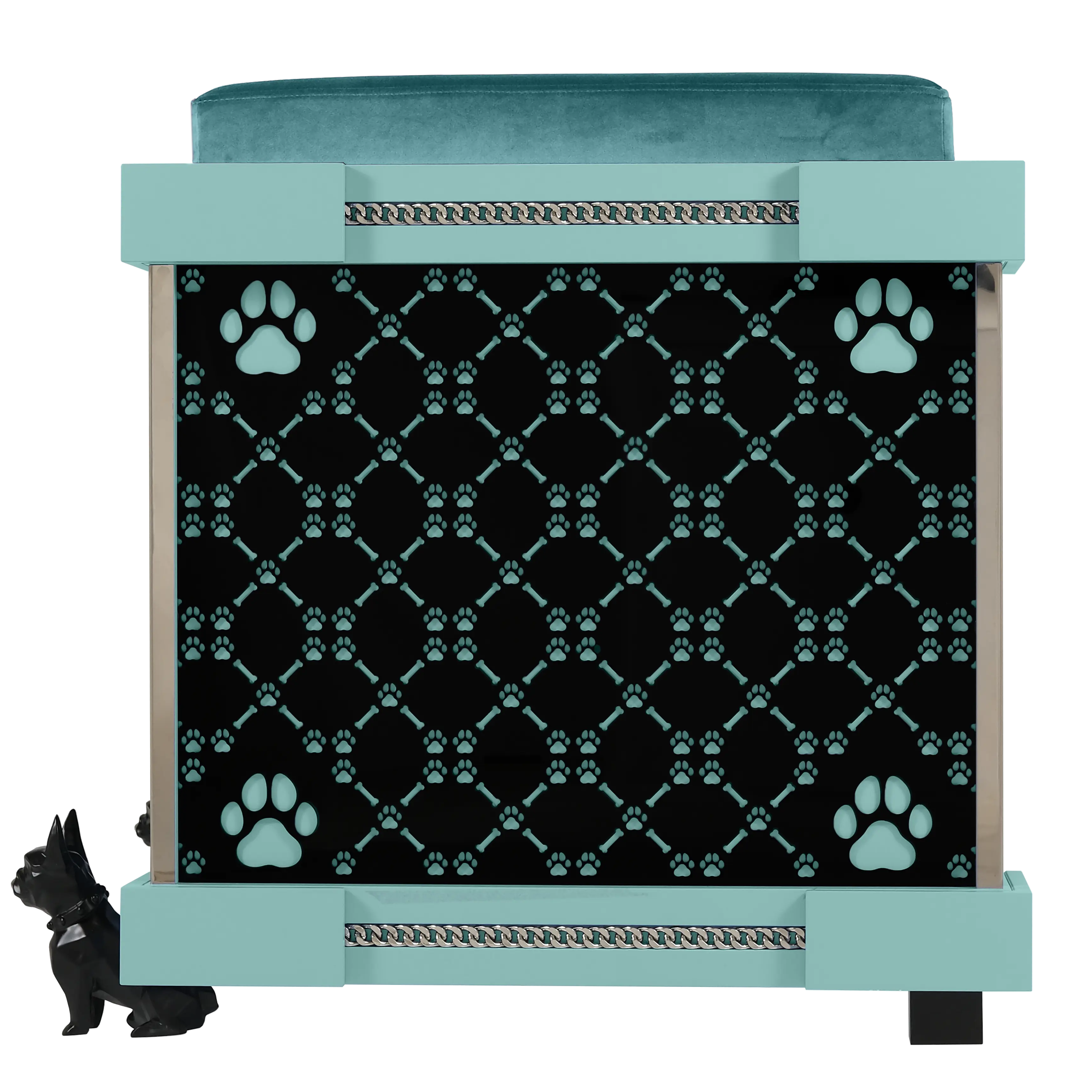"Detailed view of the modern designer FUROAR signature laser-cut geometric pattern on a large breed kennel."