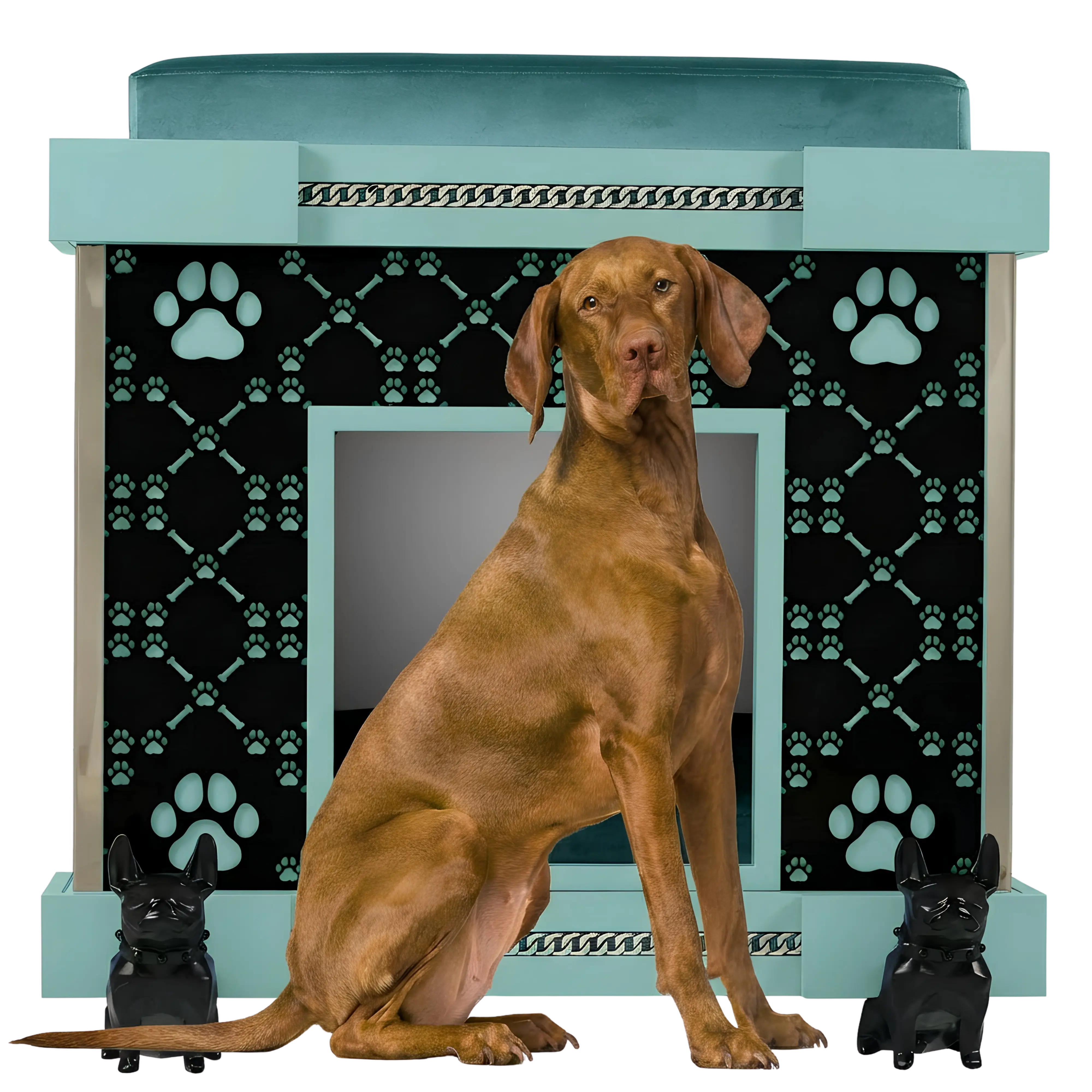"Modern designer FUROAR Captain Estate Suite, a luxury architectural dog kennel for large breeds with polished steel."