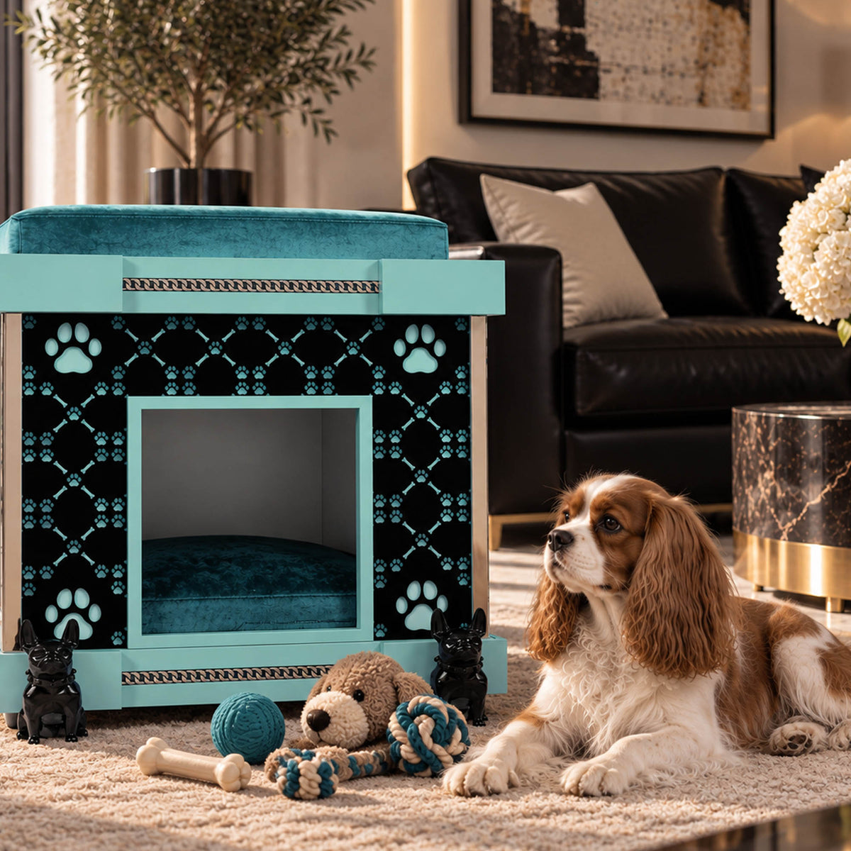 A turquoise and black patterned pet playhouse with a cushioned interior, shown in a styled living room next to a brown and white dog lying on a beige rug. The playhouse features decorative paw prints, a black trellis pattern, and small black dog statues on the front corners.