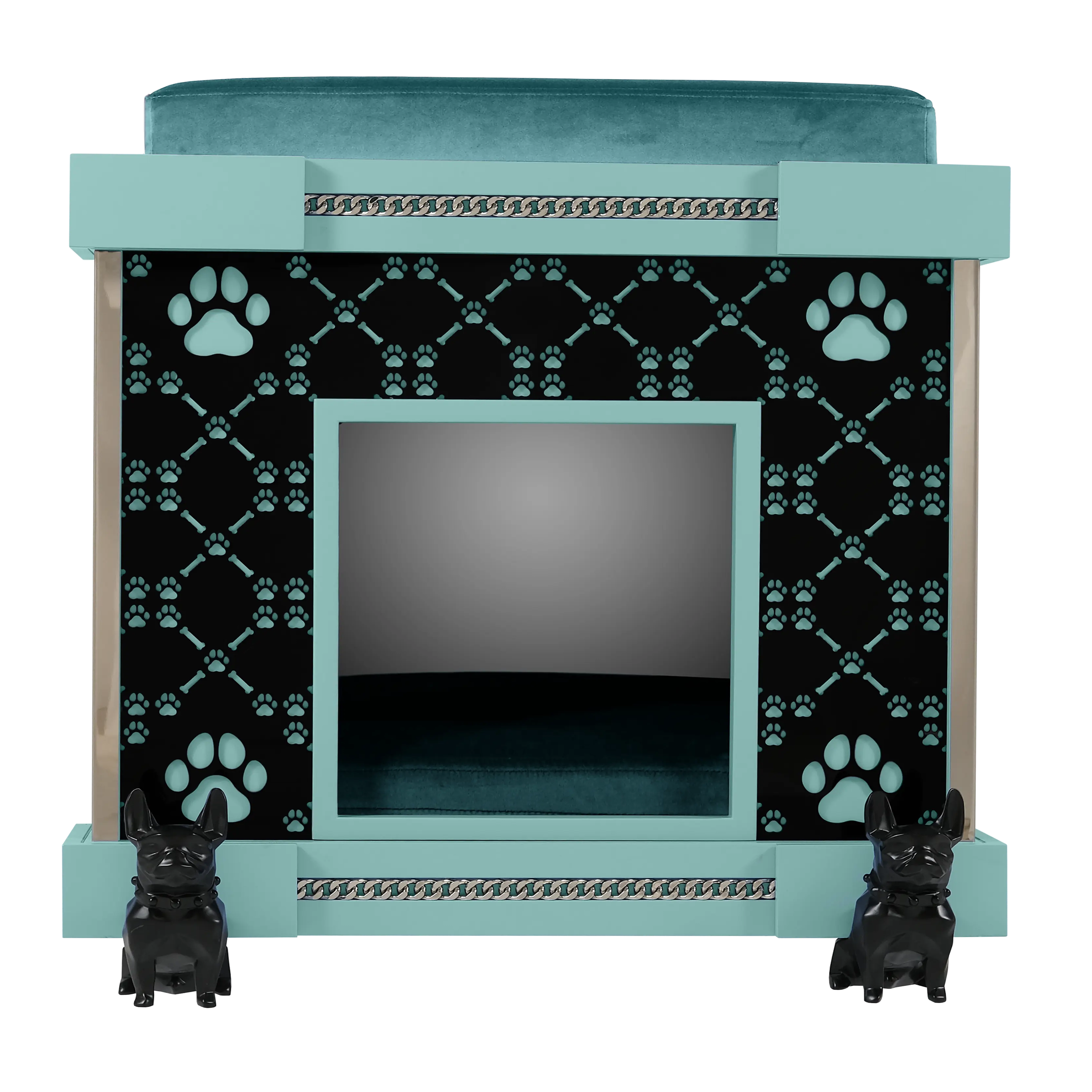 Signature facade on The Captain Executive pet kennel house with black Bulldog casters.
