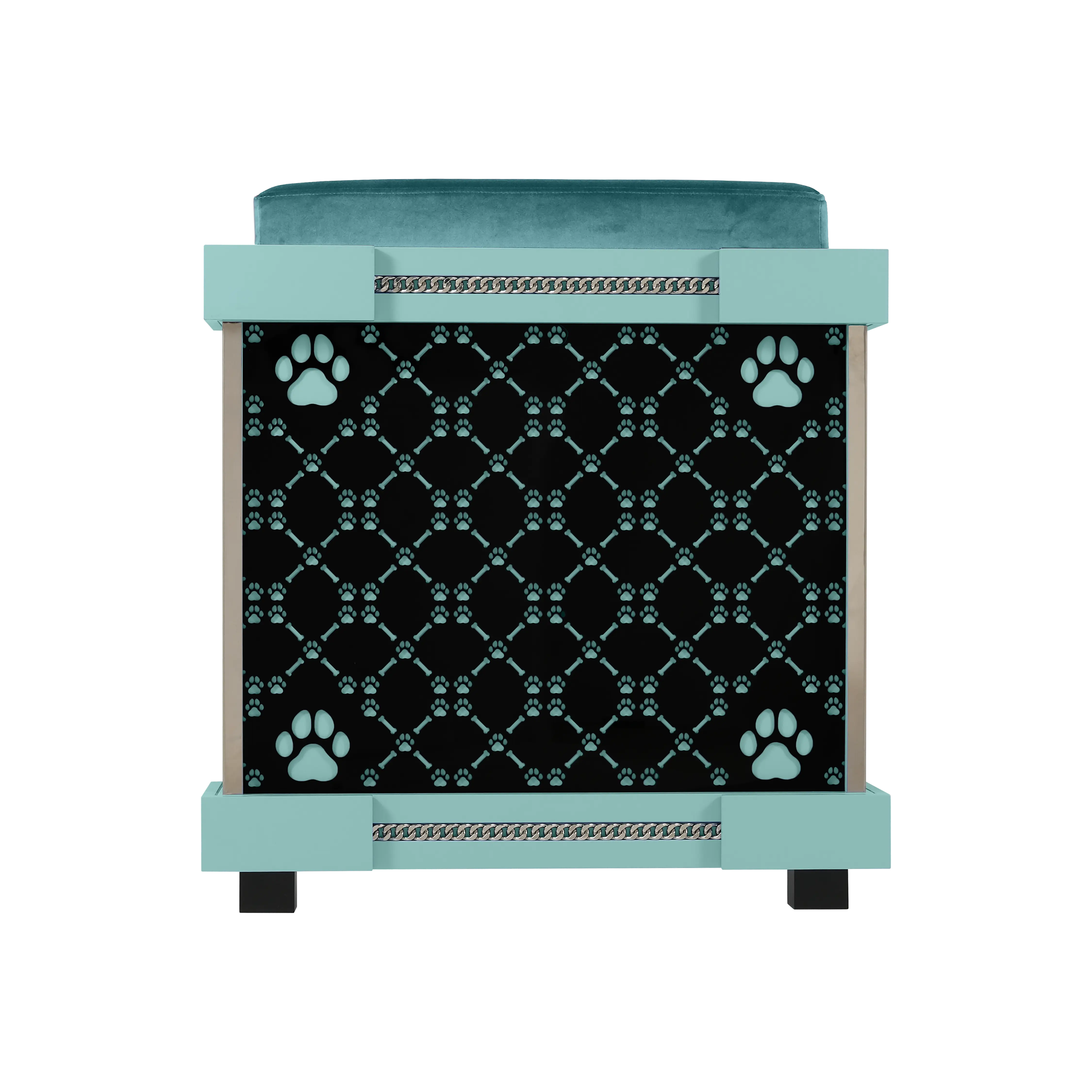 Rear view of The Captain puppy kennel house showcasing the signature patterned walls.