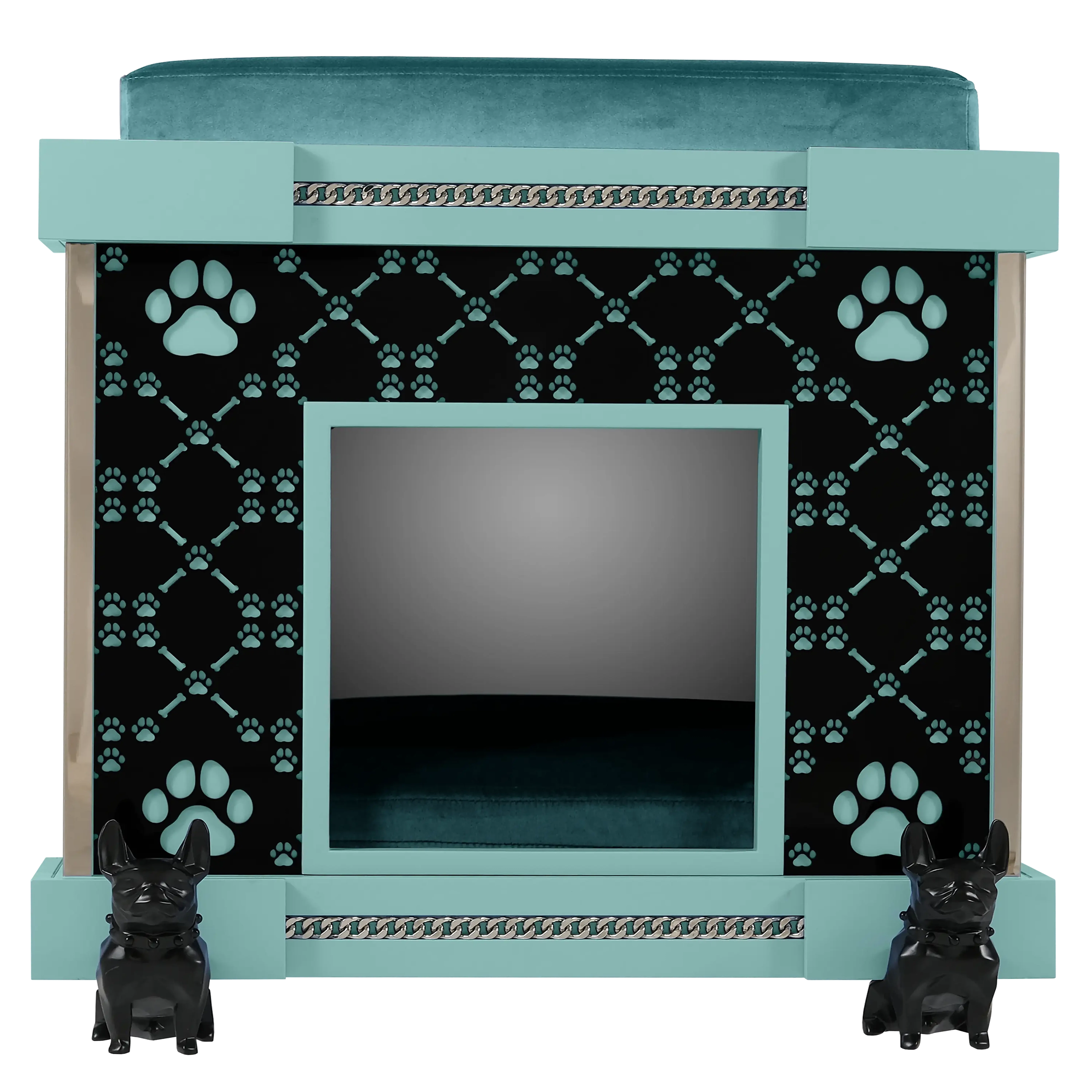"Designer kennel facade with modern elegance, featuring black French Bulldog casters for fashion dogs and icon pets."