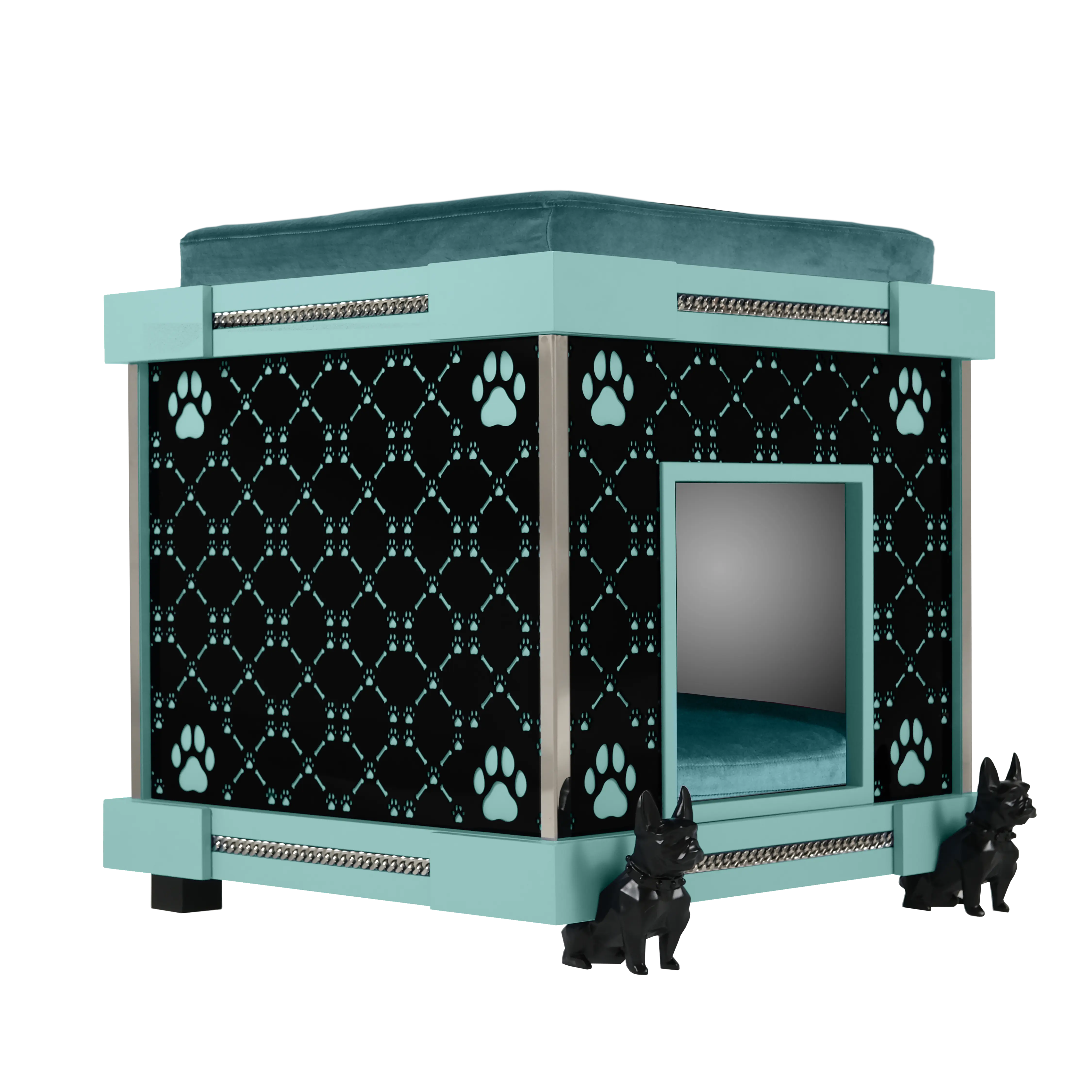 "Extra-large dog breeds will love the modern elegance of this spacious kennel interior with polished steel accents."