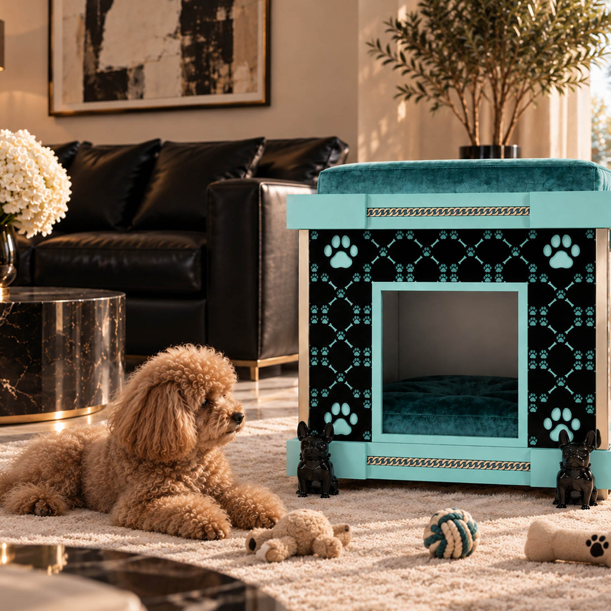 A turquoise and black patterned pet playhouse with a plush blue interior, shown in a styled living room with a small brown poodle lying nearby on a light rug.