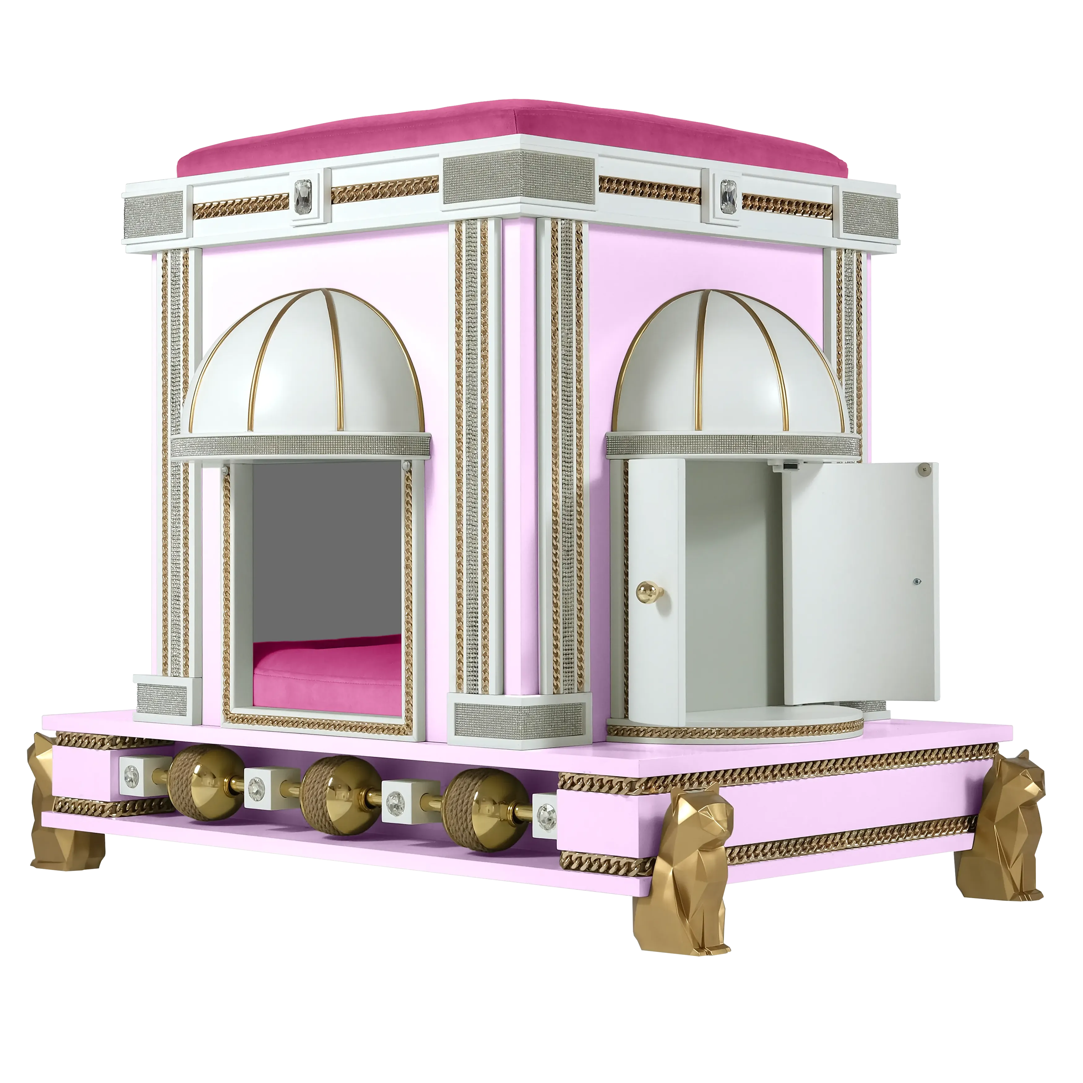 The Charlotte modern designer cat house pet palace styled as a cute and romantic centerpiece for a high-end cat or kitten.