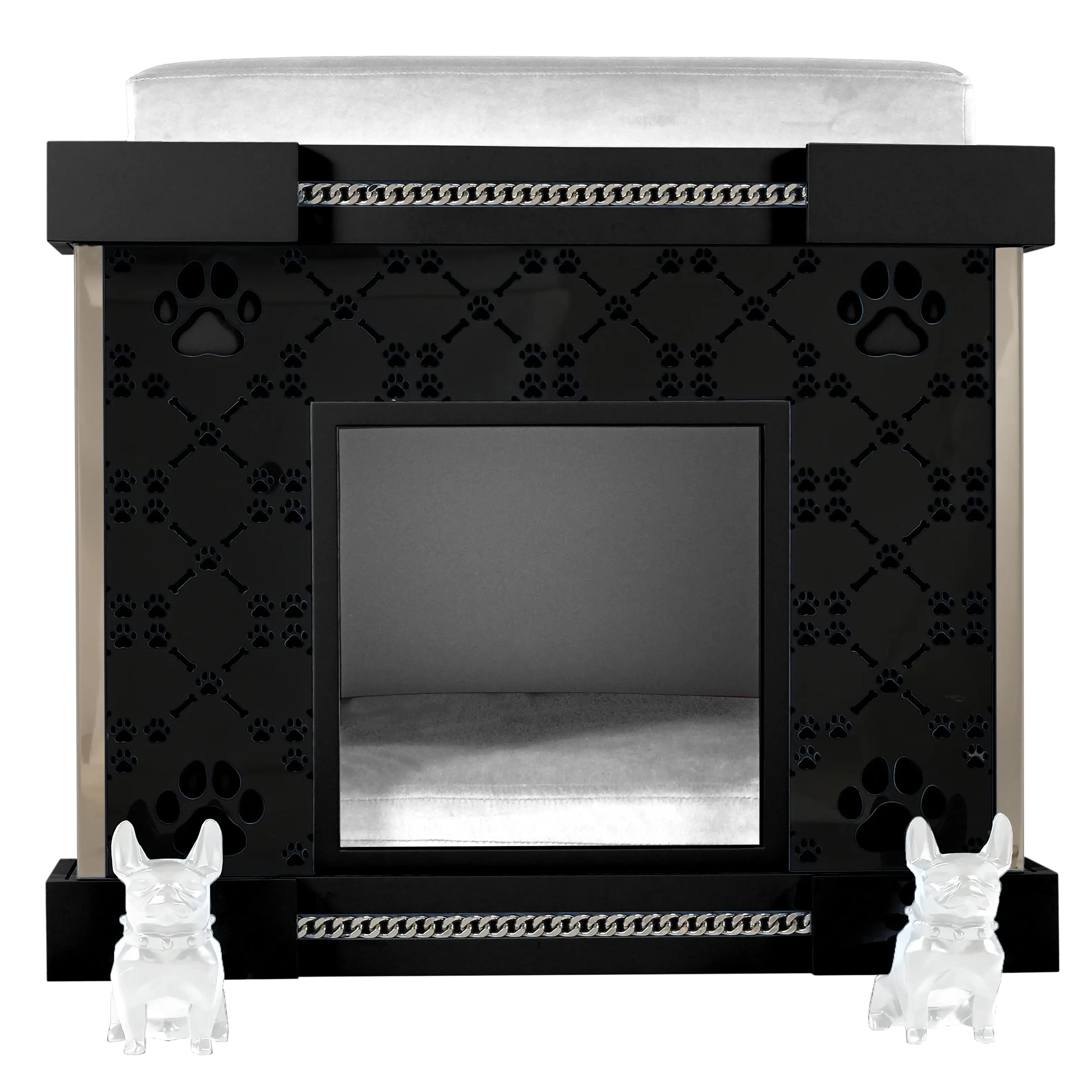 "Designer kennel facade with modern elegance for fashionable pets, featuring white French Bulldog casters and icon style."