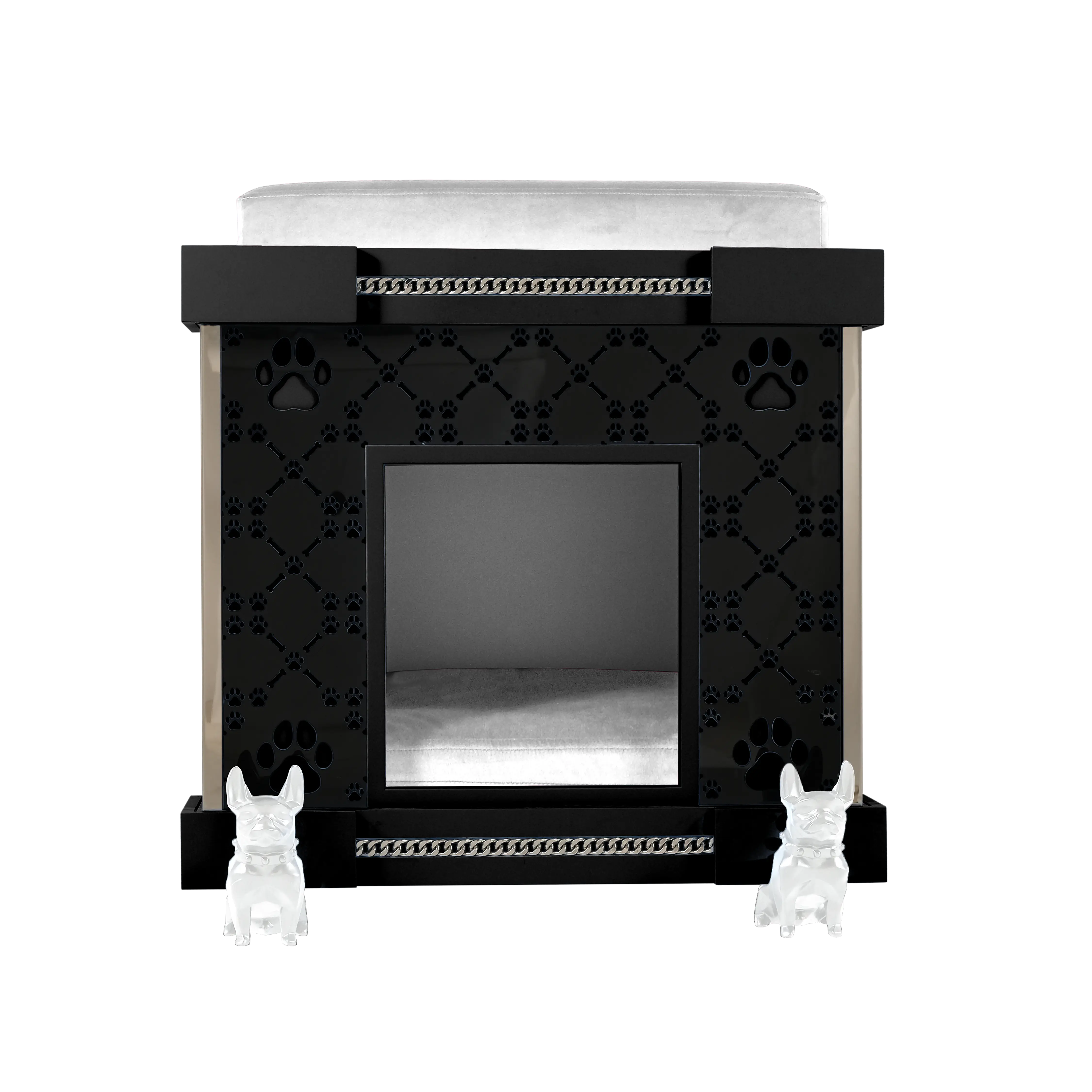 Signature plexi facade on the Coco puppy kennel house with white Bulldog casters.