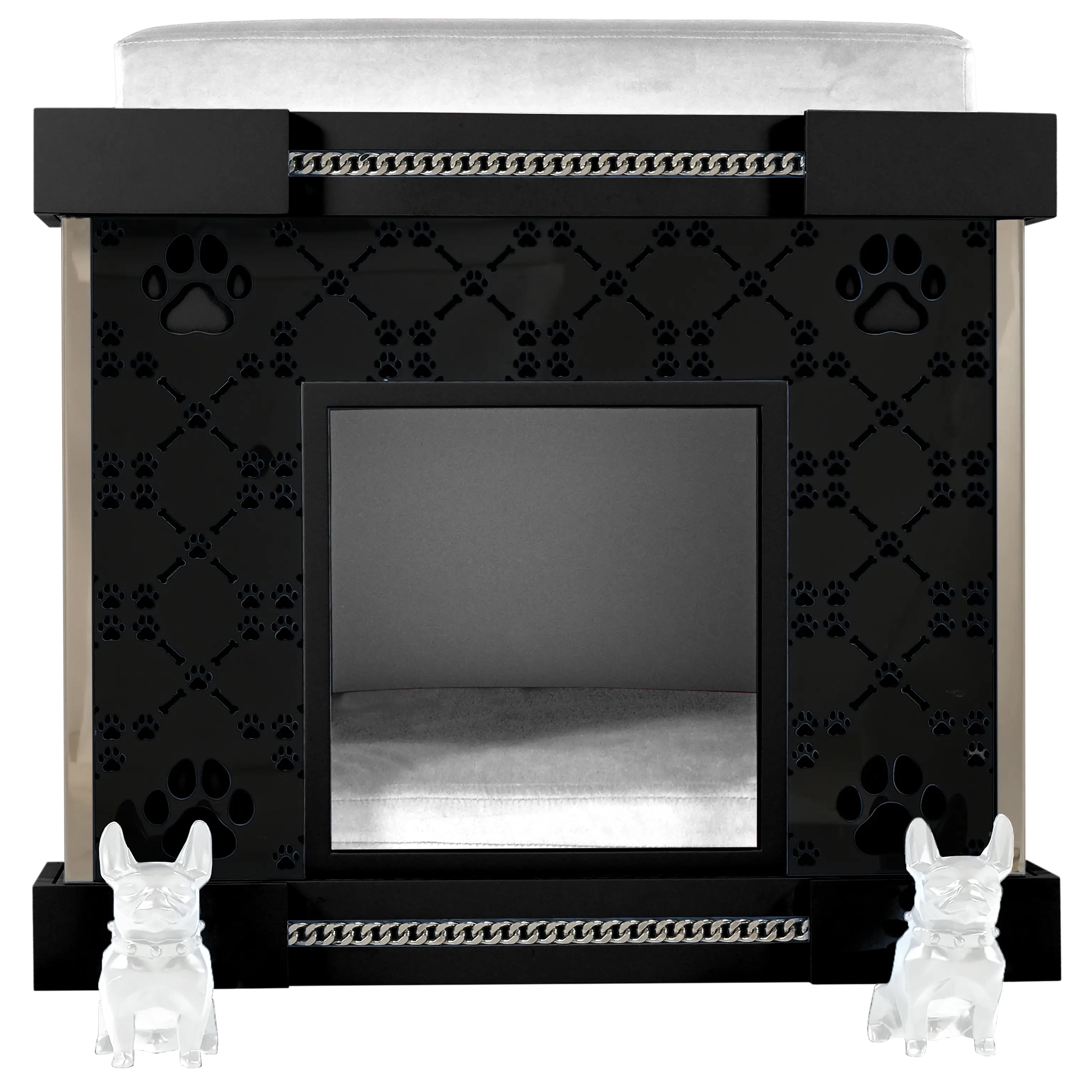 "Modern designer dog kennel facade featuring white French Bulldog casters and signature laser-cut patterns."