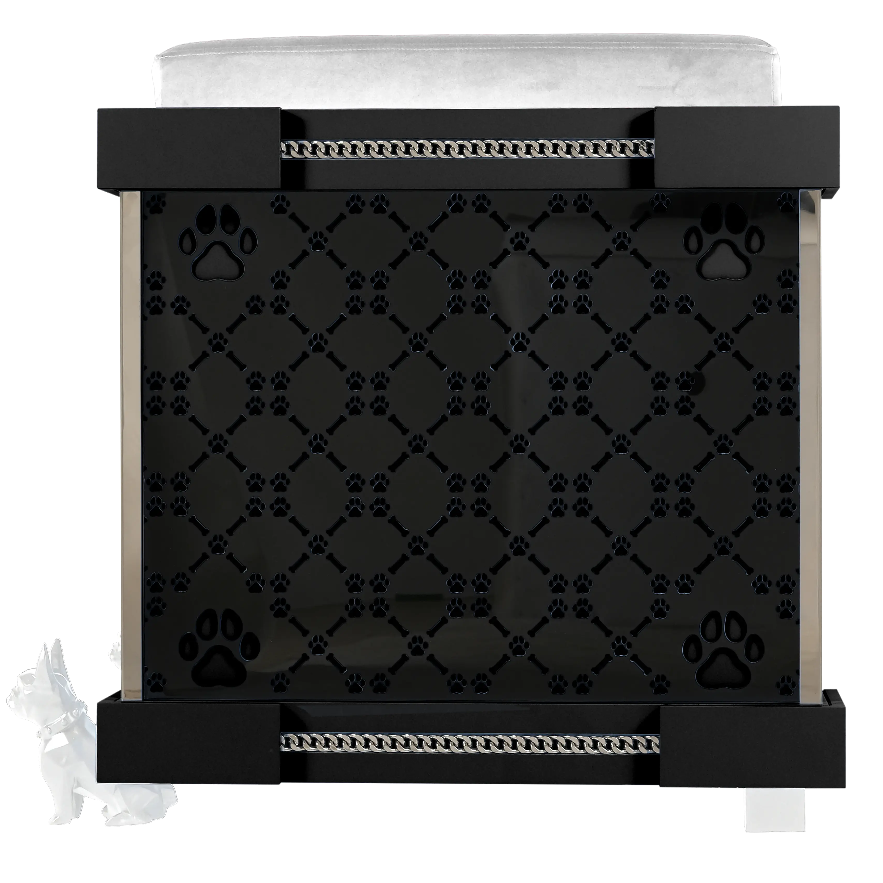 "Detailed view of the modern designer FUROAR signature laser-cut pattern on a large breed fashionable pet kennel."