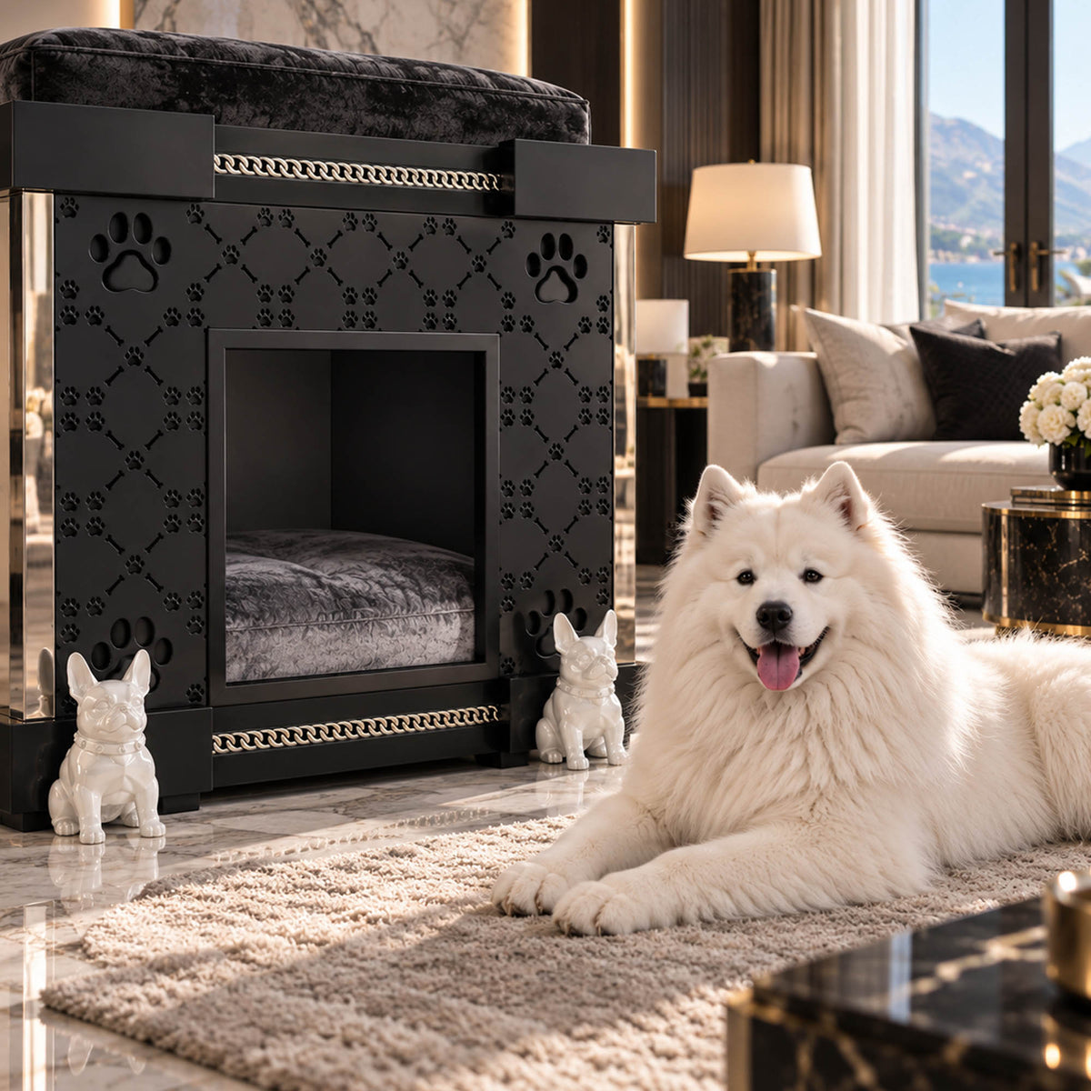 A large black luxury pet playhouse with carved paw prints and gold trim, featuring a plush bed and two small white dog statues, shown in a high-end living room with a white Samoyed lying on a rug nearby.