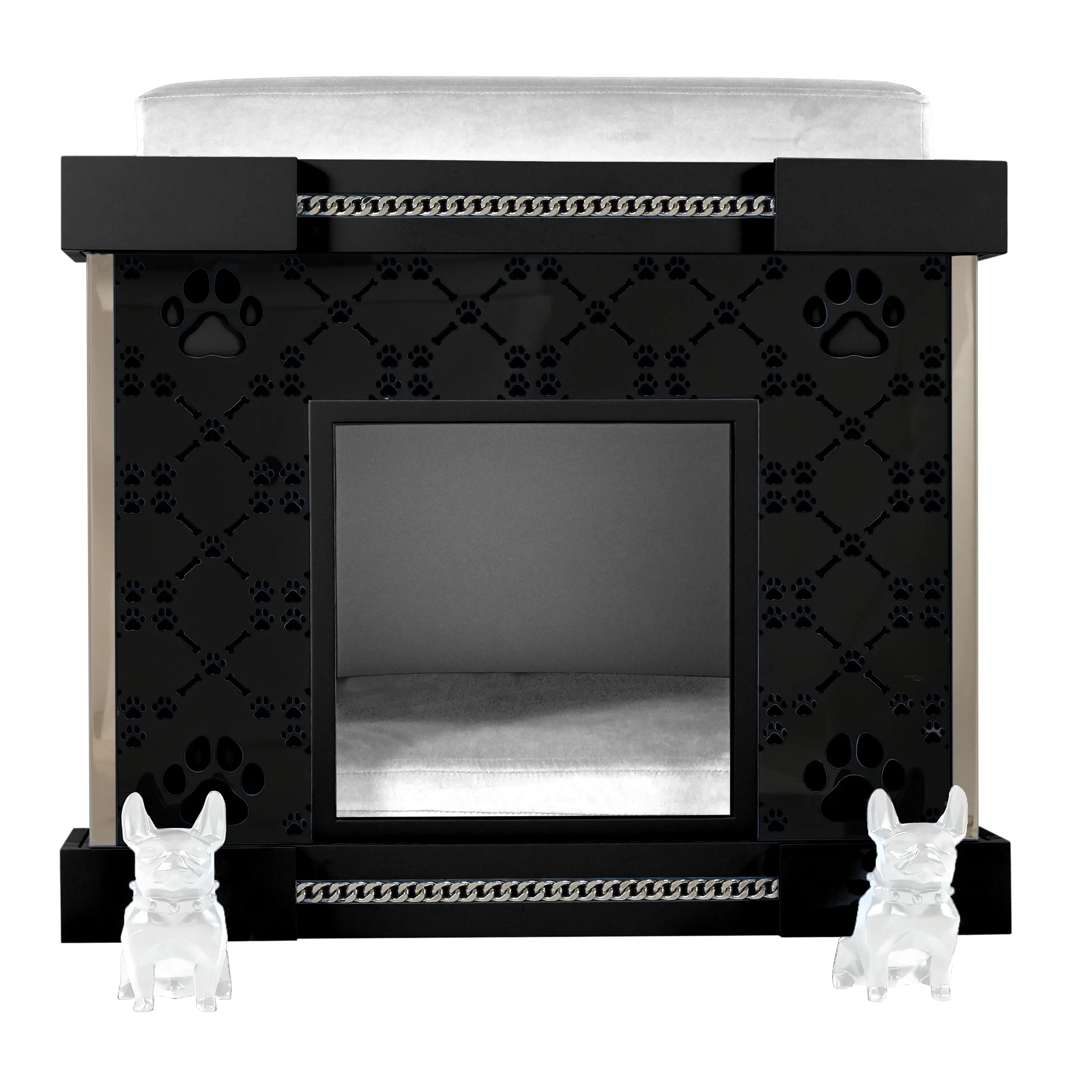 Signature facade on the Coco Premier Executive pet kennel house with white Bulldog casters.