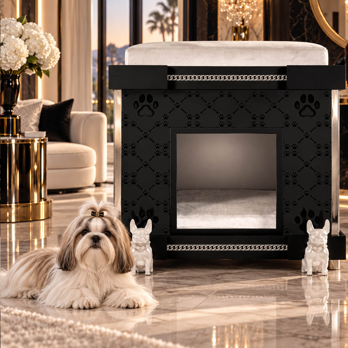 A black elevated pet crate with engraved paw prints and a white cushioned top, shown in a luxurious interior with a small fluffy dog lying on the floor in front and two white dog statues on either side.