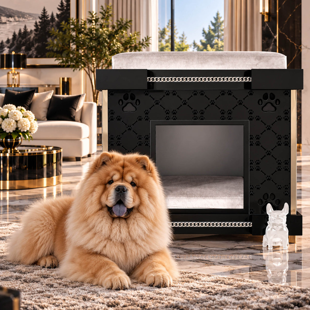 A fluffy golden-brown dog lies on a rug in front of a black elevated pet bed with a light cushion, set in a luxurious modern living room.