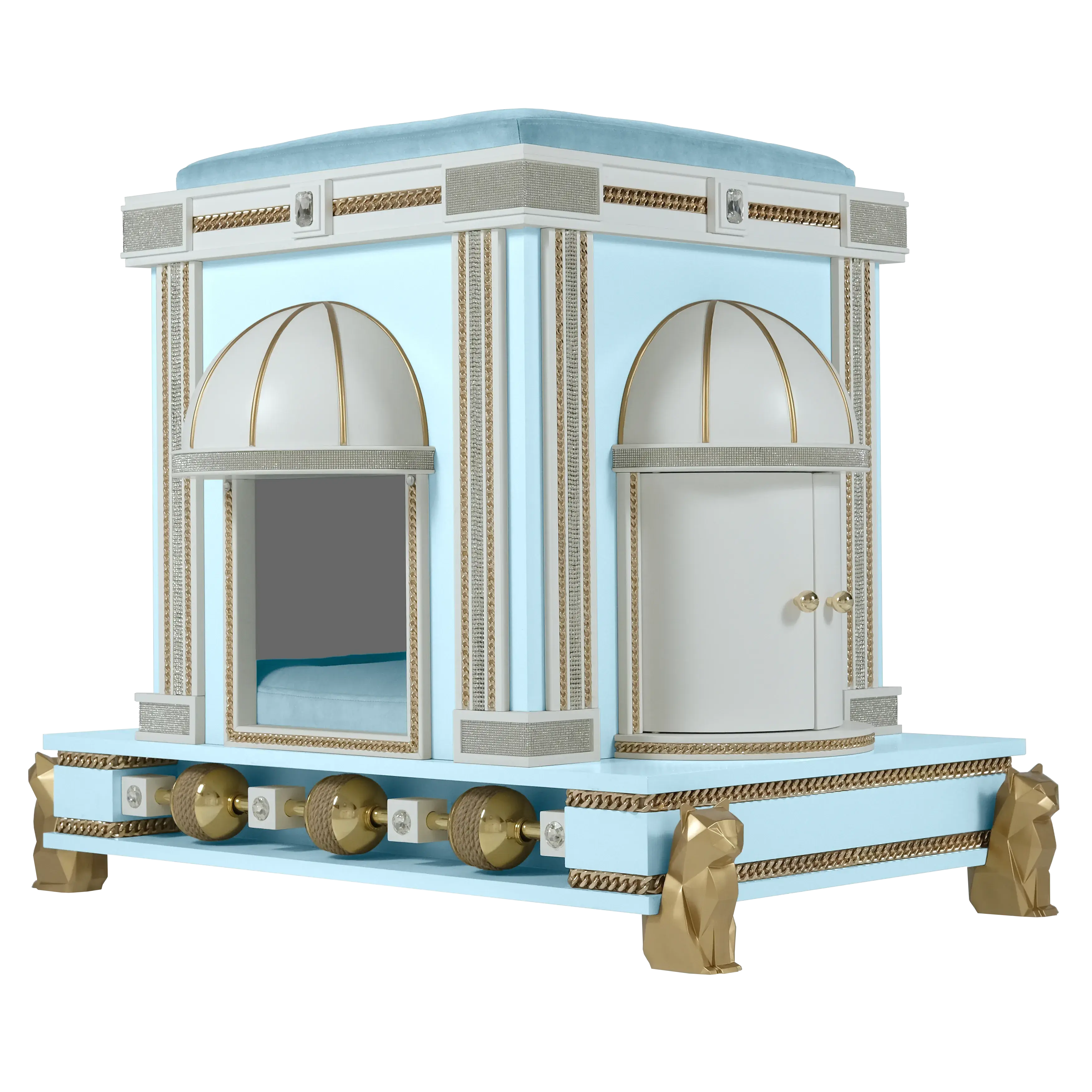 Side view of the Count modern designer cat house highlighting the premium wood finish and contemporary pet palace frame.