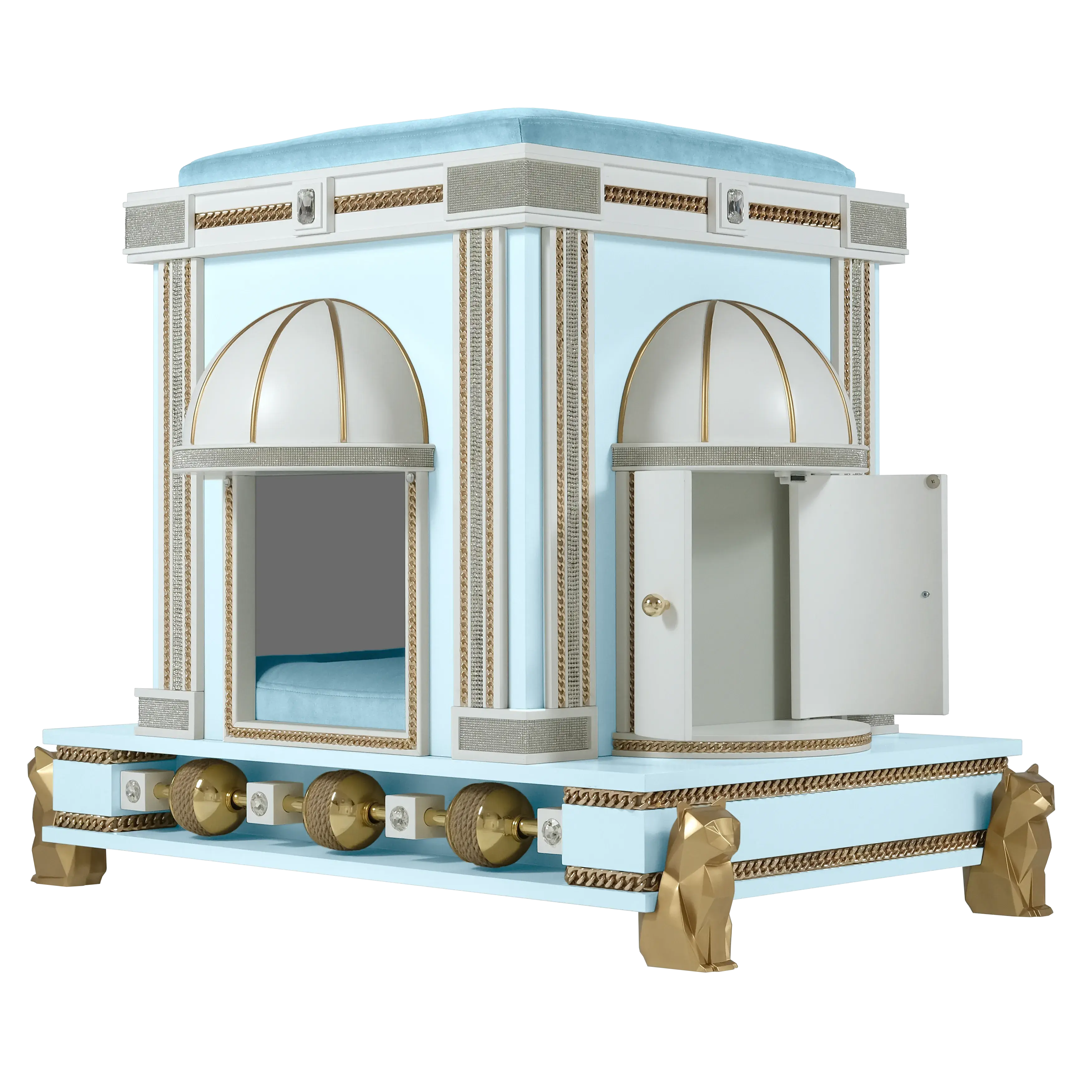 The Count modern designer cat house pet palace styled as a statement piece in a luxury mid-century cat owner's home.