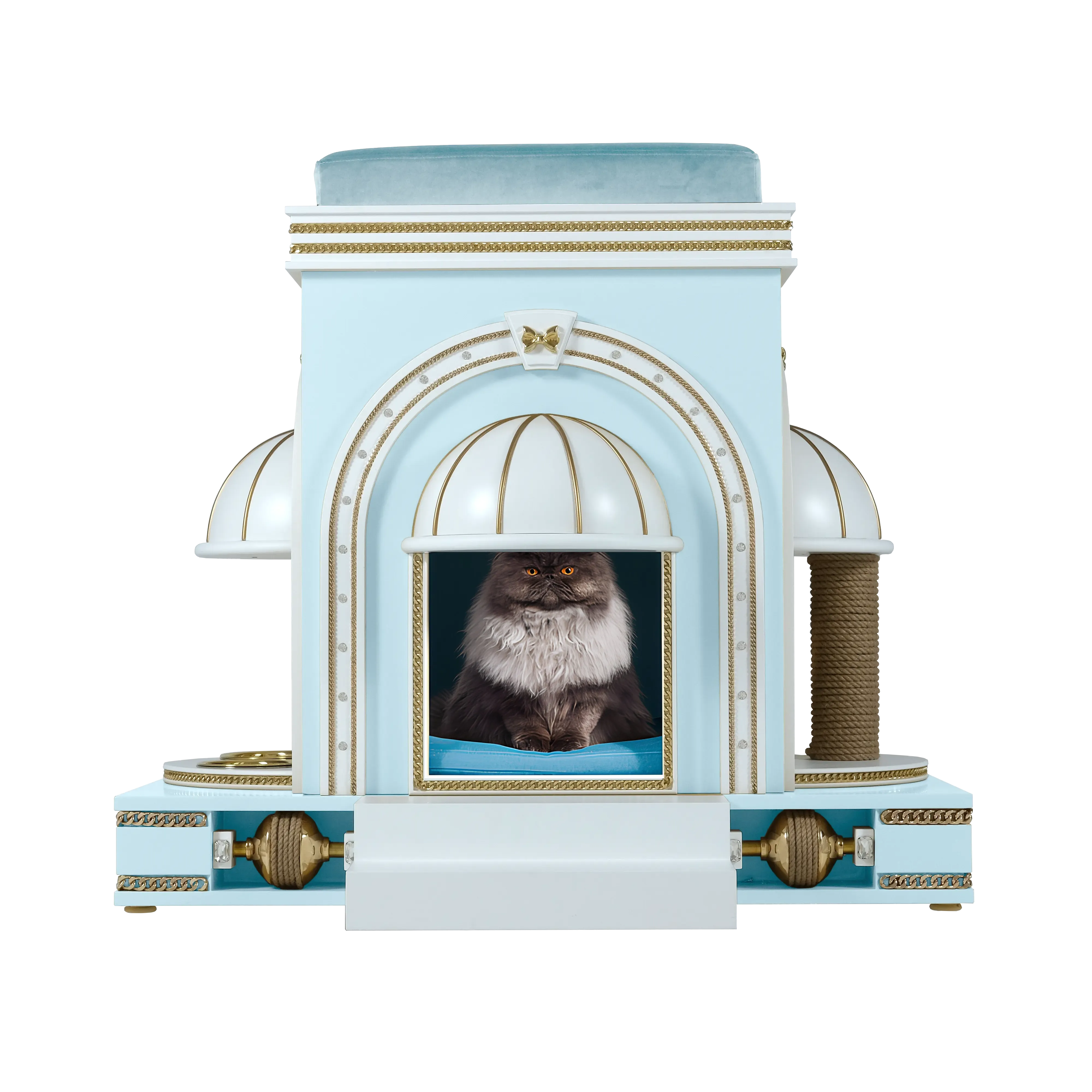 "A noble pet resting inside the COUNTESS regal cat mansion, a royal sanctuary blending refined modern elegance with elite architectural power."
