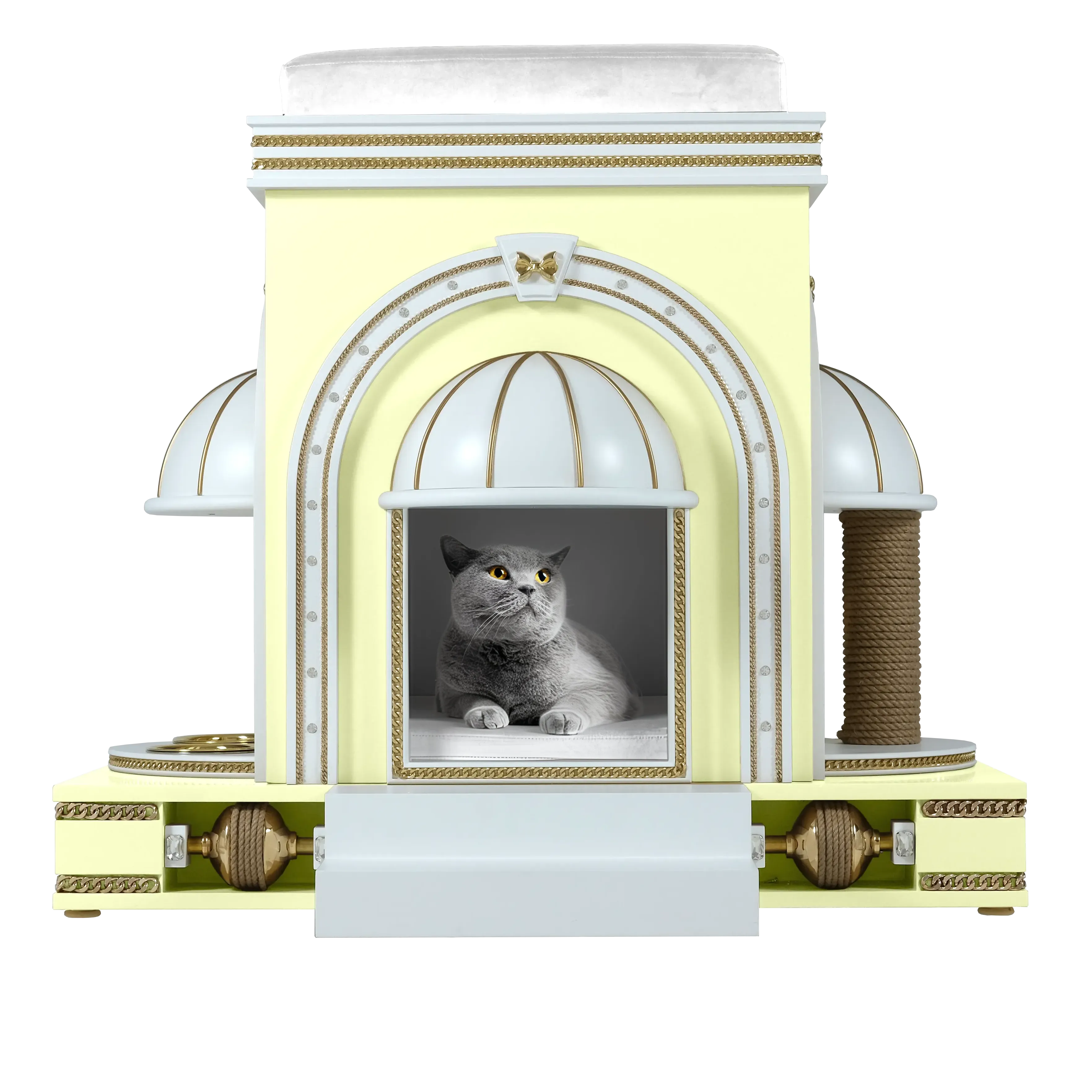 "A noble pet resting inside the DAISY happy cat mansion, a designer sanctuary blending sunshine warmth with refined modern elegance."
