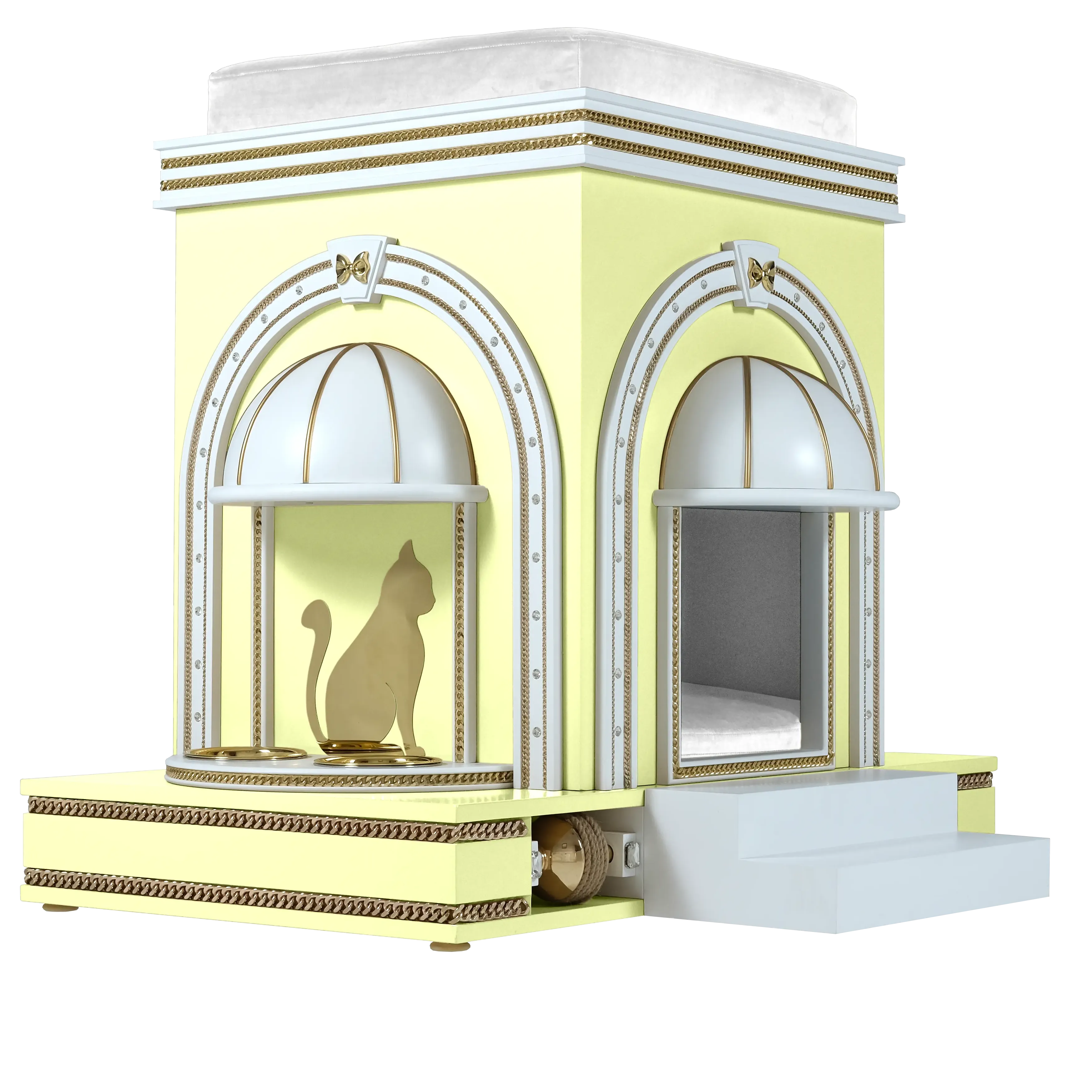 "Side profile of the DAISY modern designer pet mansion, highlighting the tamed structural lines and happy architectural furniture aesthetic."