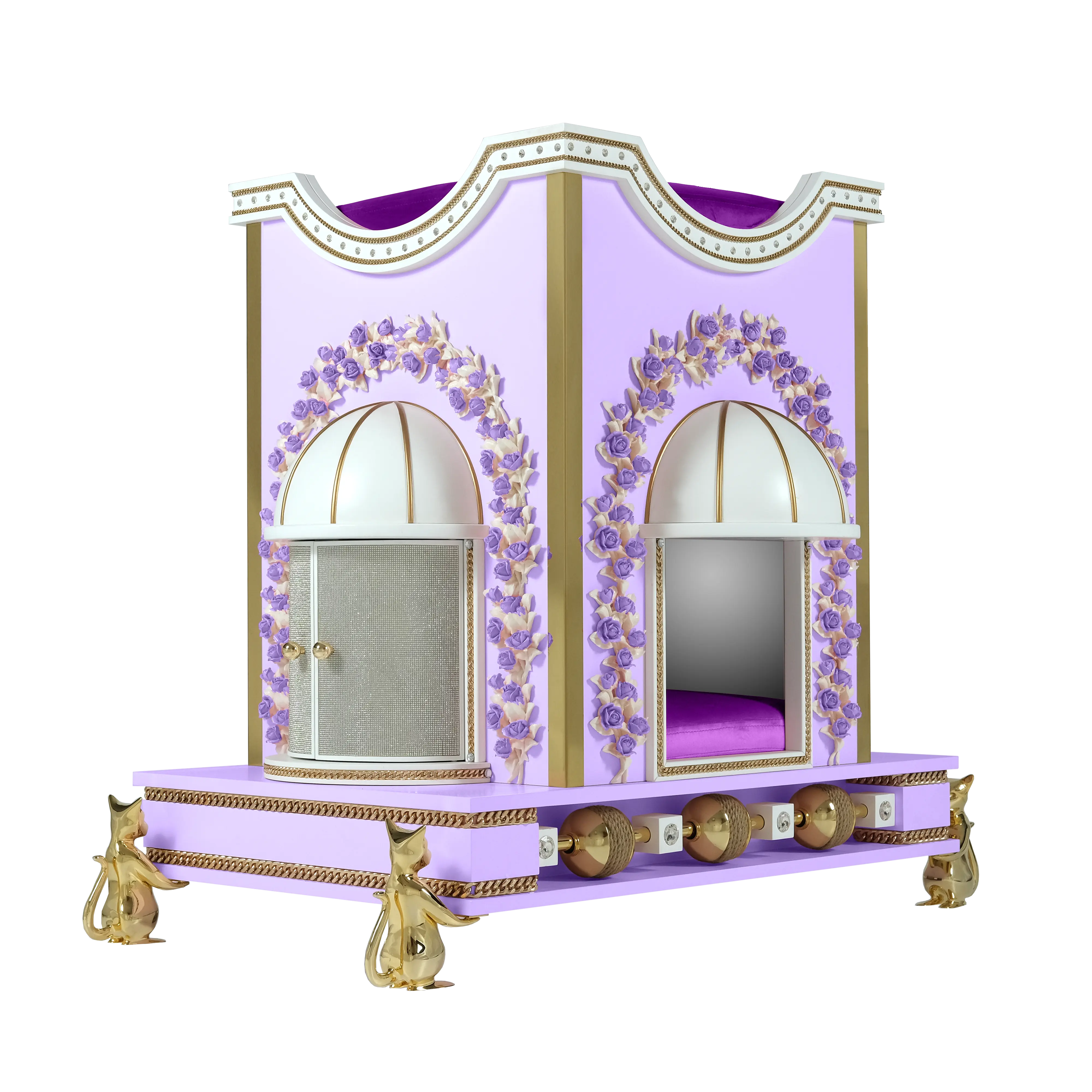 "Architectural gazebo-style couture design featuring signature gold casters, blending spectacular structural lines with the tamed elegance of royal furniture."