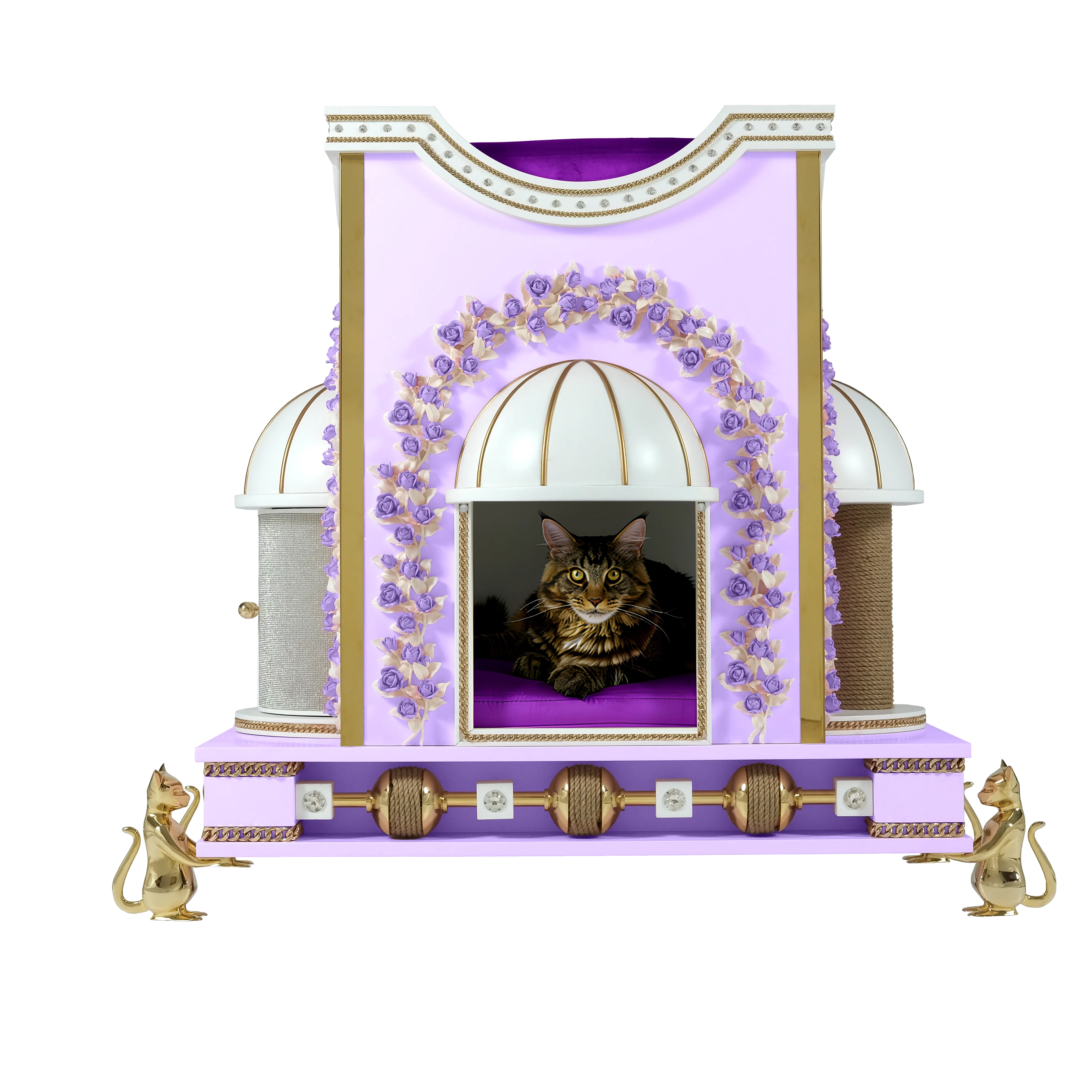 A noble cat resting within the DARLING couture pet alcove, a romantic luxury sanctuary featuring refined modern elegance and orchid blush tones."