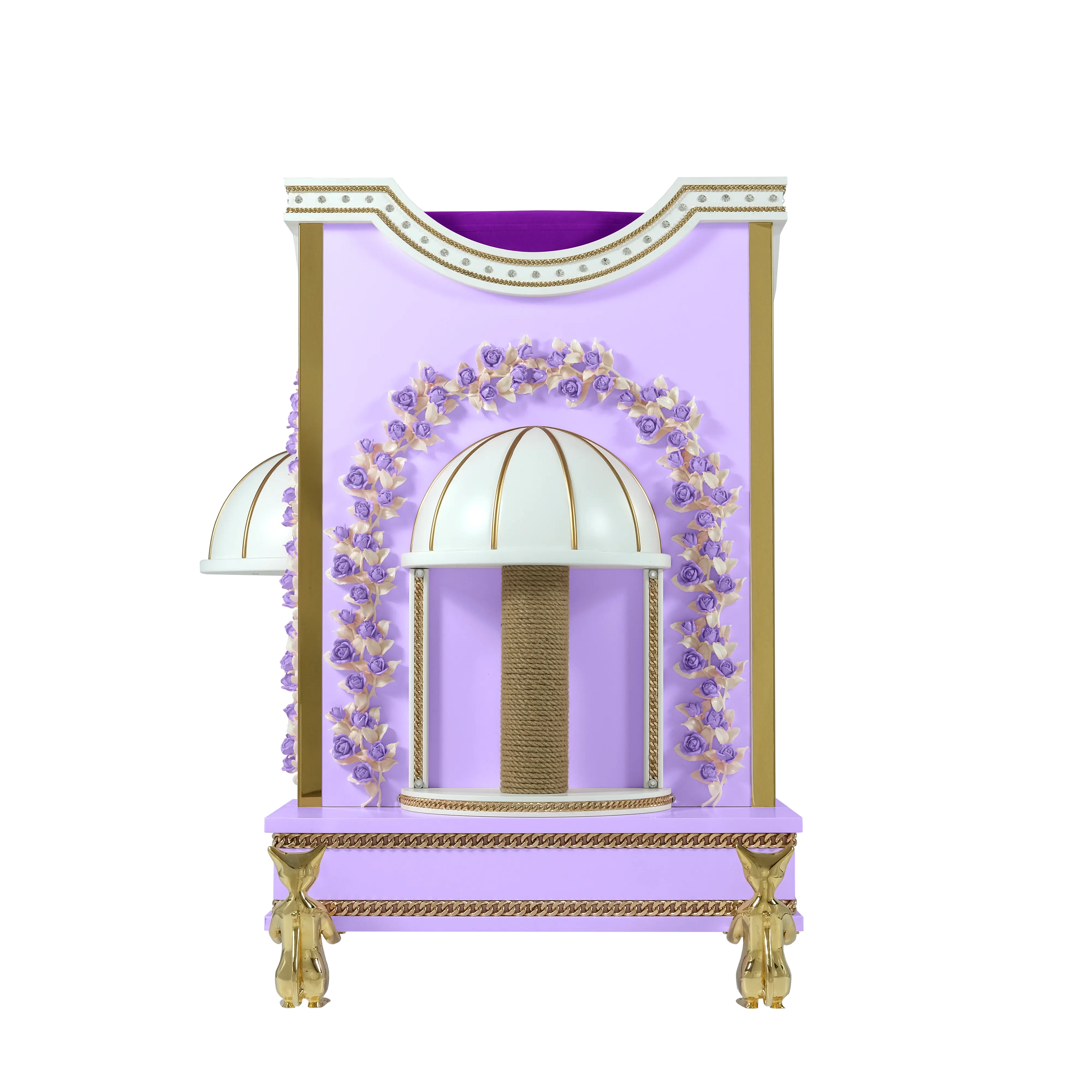 "Luxury sisal rope scratching post on the DARLING orchid pavilion, where the wild instinct of the pet meets a romantic architectural masterpiece."
