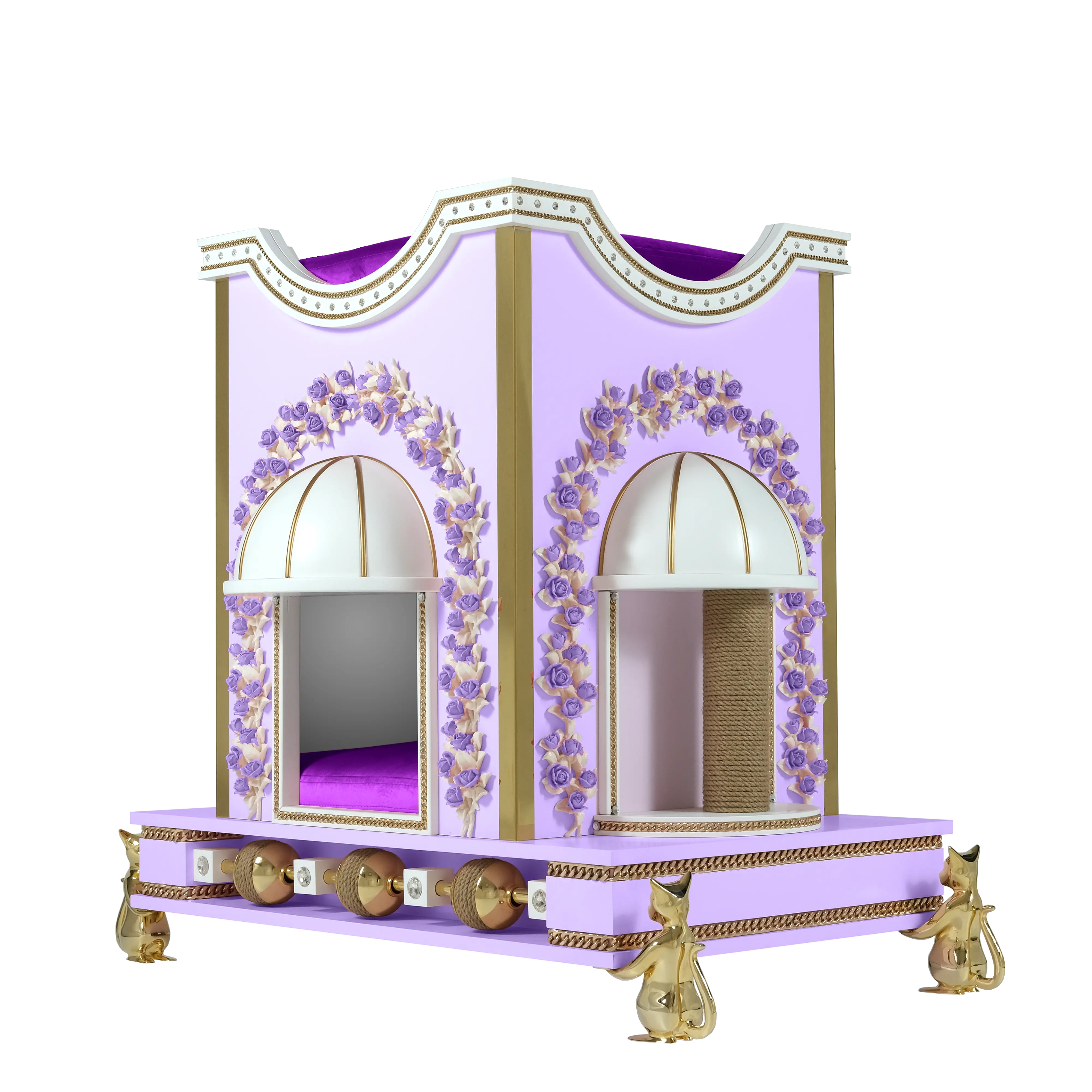 "Interior view of the DARLING sanctuary featuring a satin velvet luxury cat mattress for a truly noble and exotic feline experience."