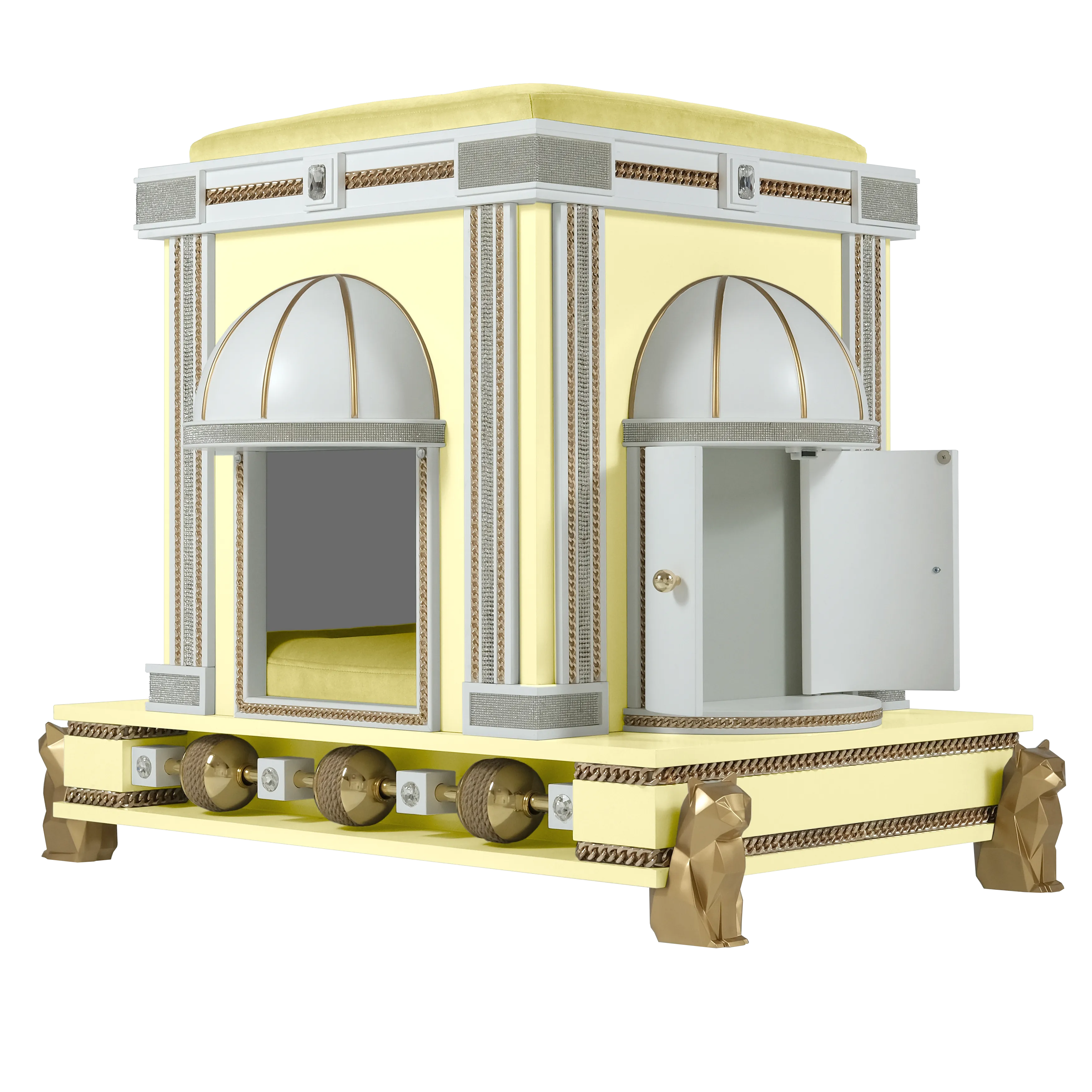 The Duchess modern designer cat house pet palace styled in a grand, contemporary room for a high-end cat or kitten.
