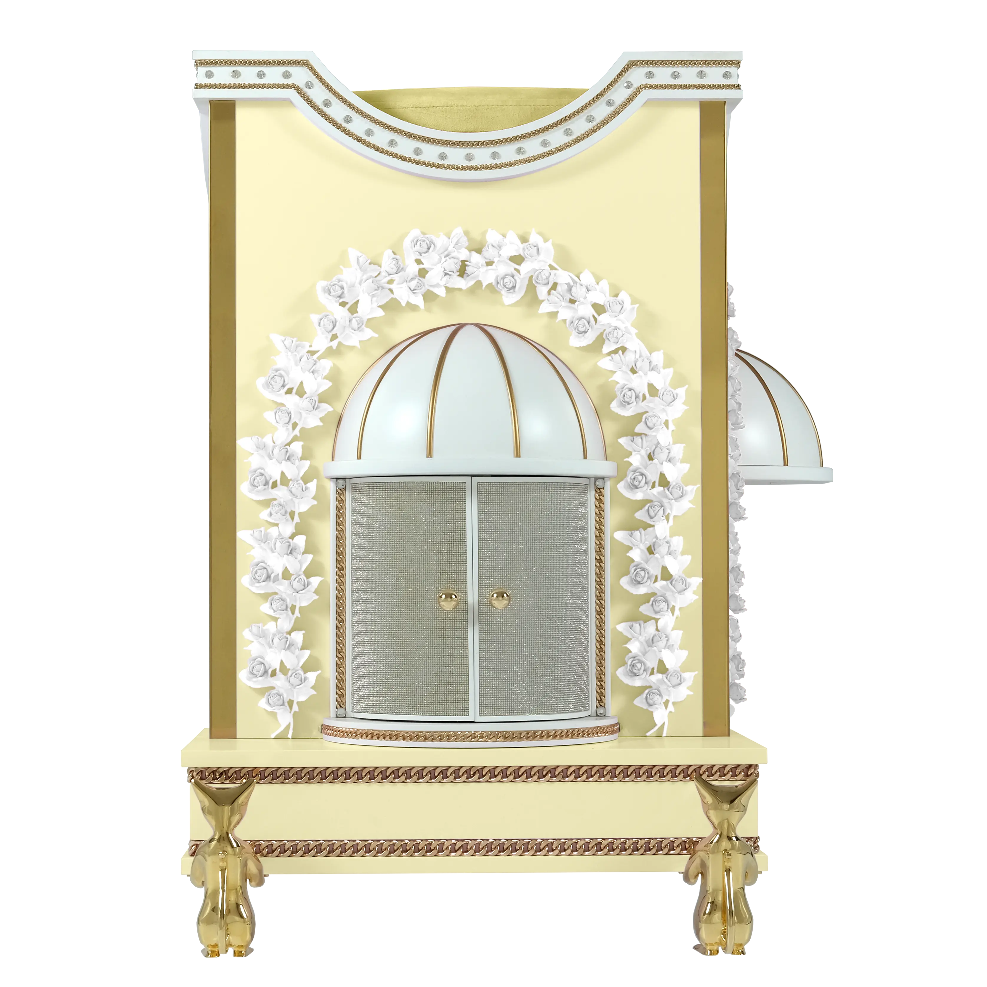 "Detail of the diamond crystal mesh accents, highlighting the brilliant sparkle and elite craftsmanship of this bespoke designer pet sanctuary."