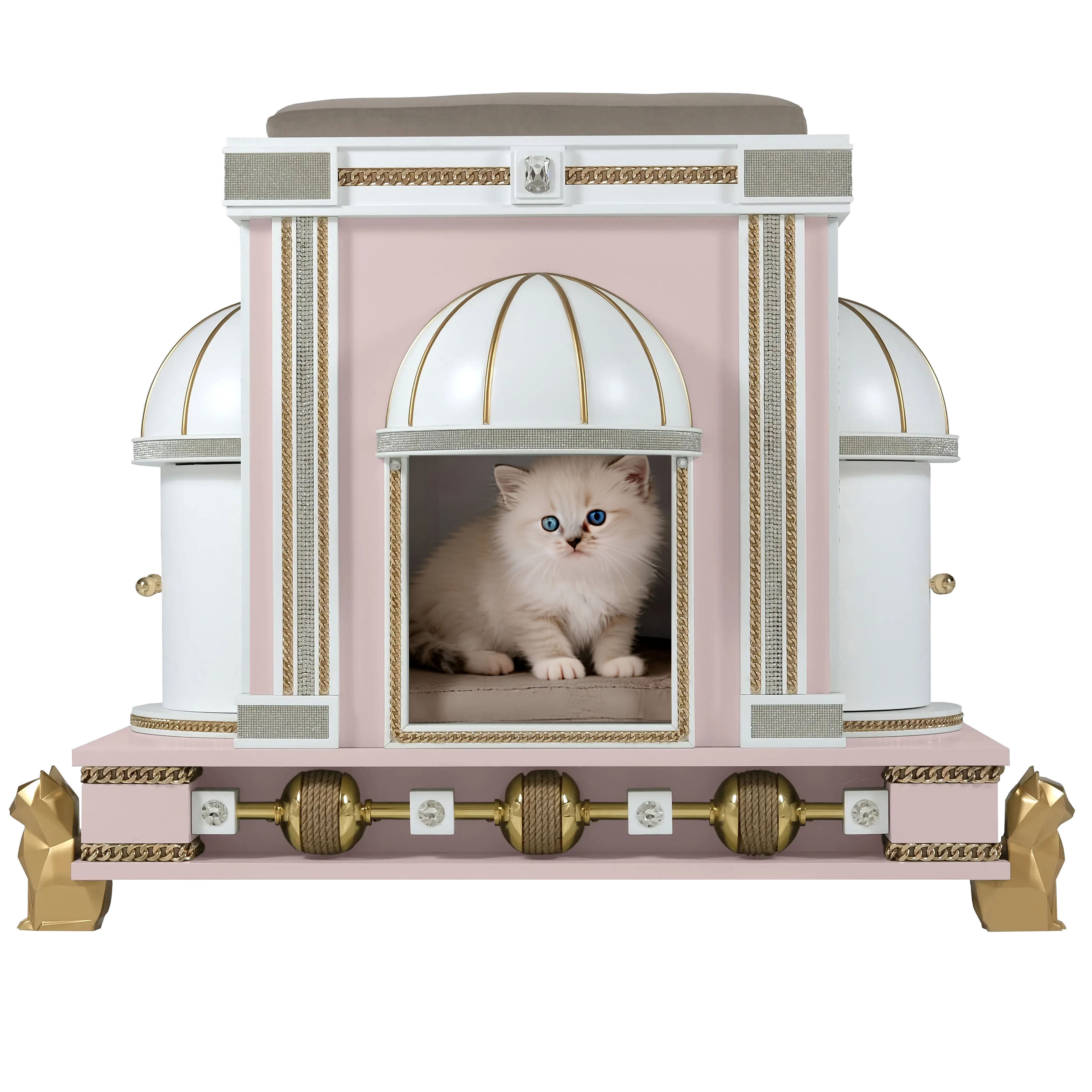 The Fluffy designer cat house and pet palace, a cloud-like sanctuary for a luxury kitten lifestyle.