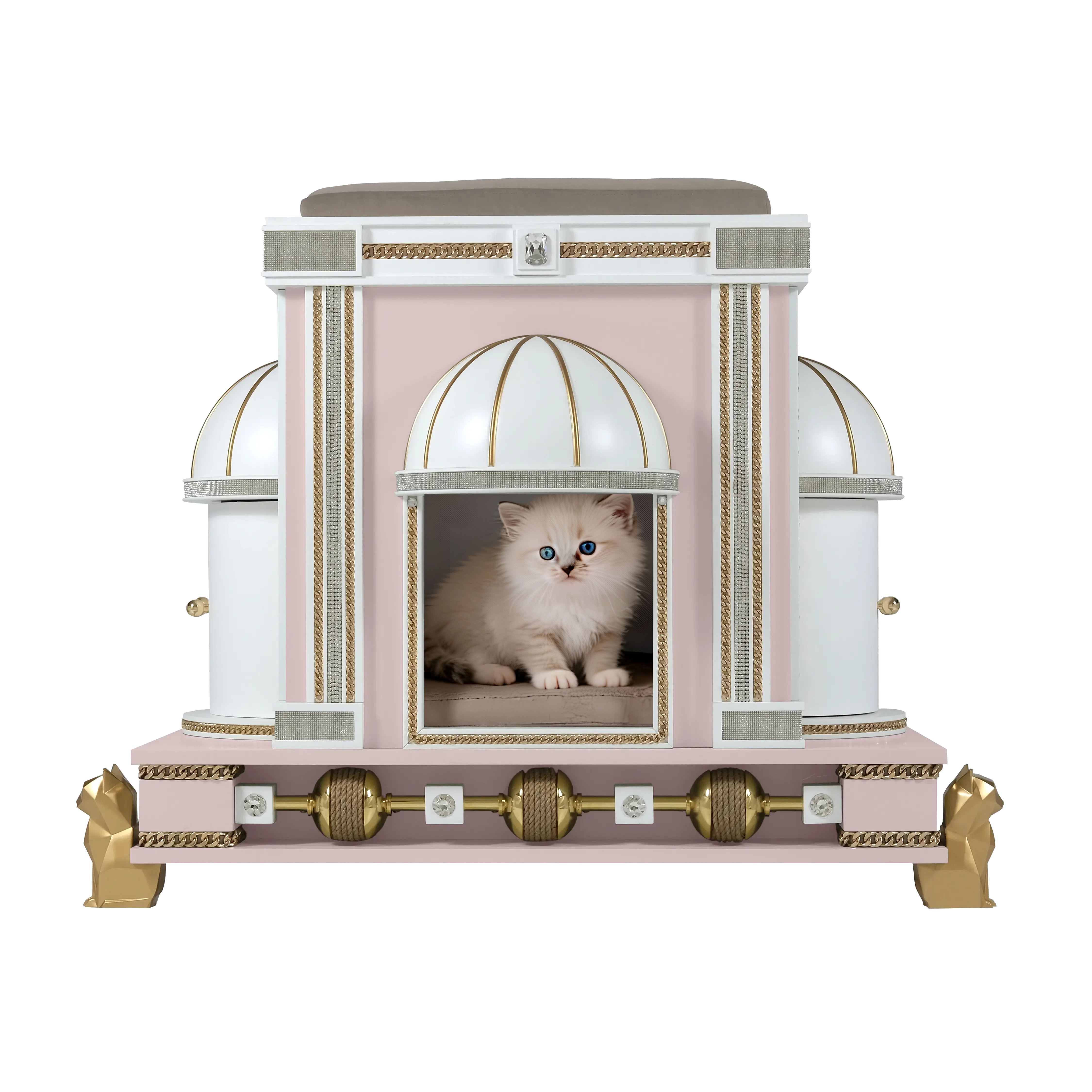 The Fluffy designer cat house and pet palace, a cloud-like sanctuary for a luxury kitten lifestyle.