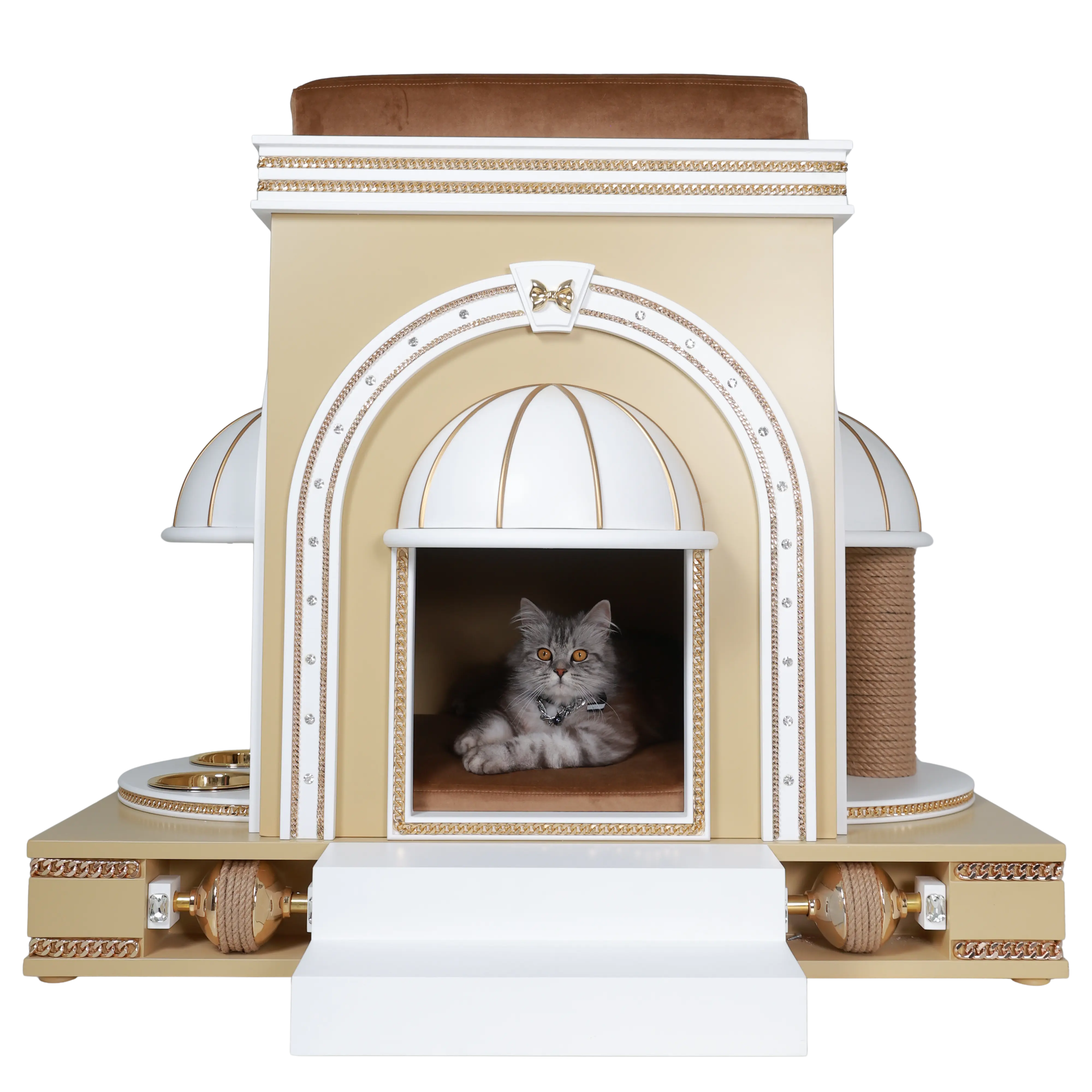 "A noble cat resting inside the GINGER playful cat mansion, a designer sanctuary blending family warmth with refined modern elegance."