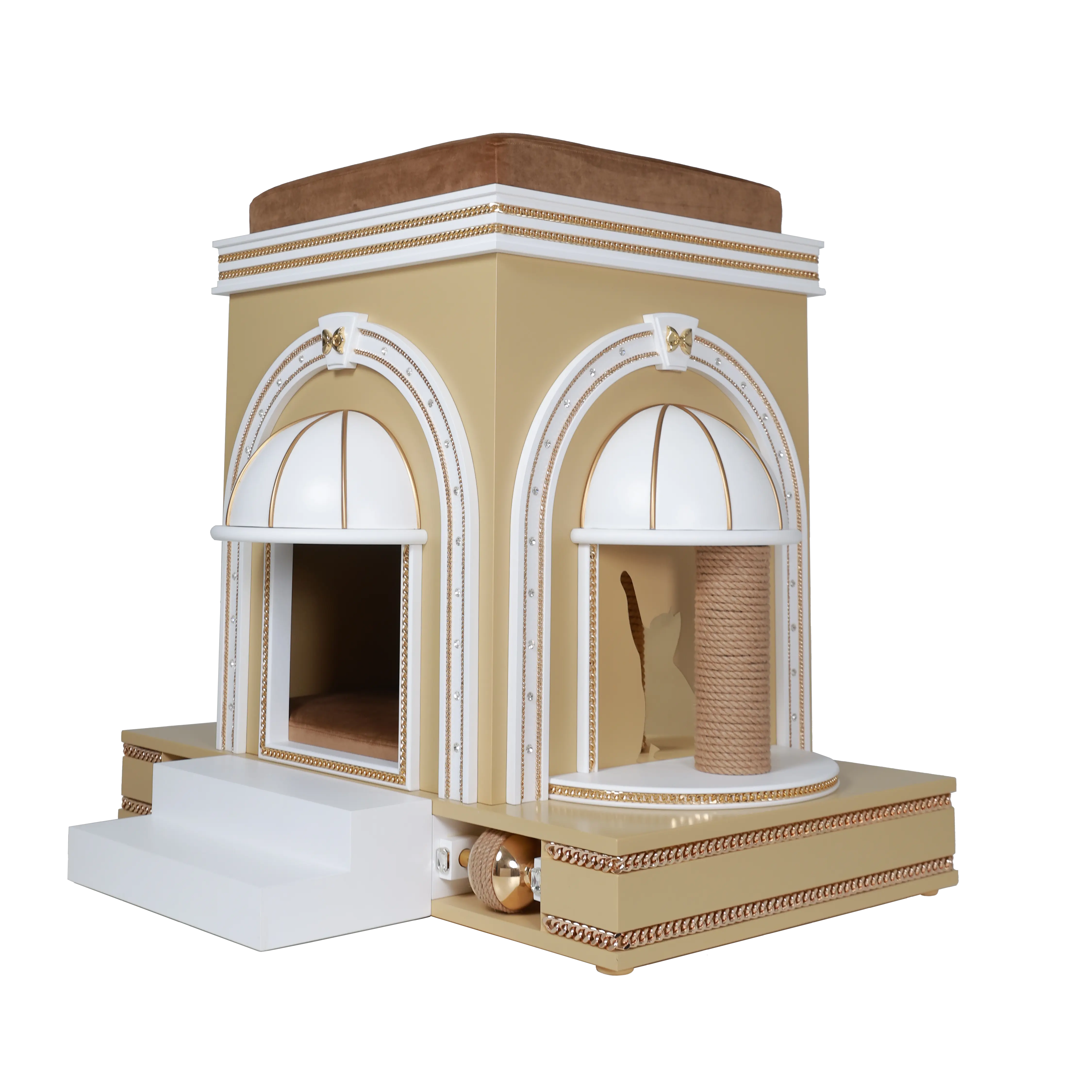 "Detail of the GINGER gold rotating spheres and velvet cushion, showcasing the designer exotic touch of this unique family sanctuary."
