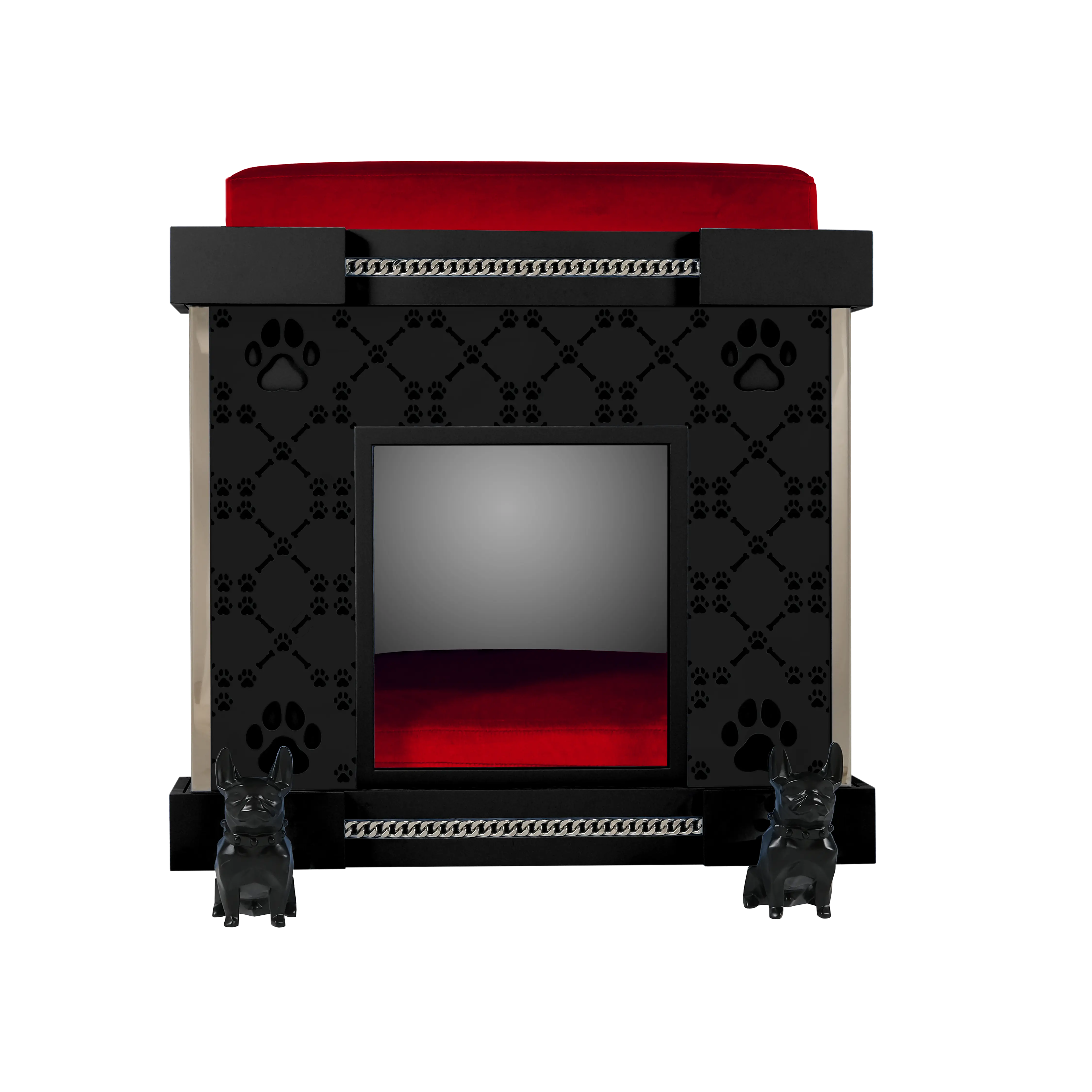 Celebrity dog furniture facade on the Icon puppy kennel house with black Bulldog casters.