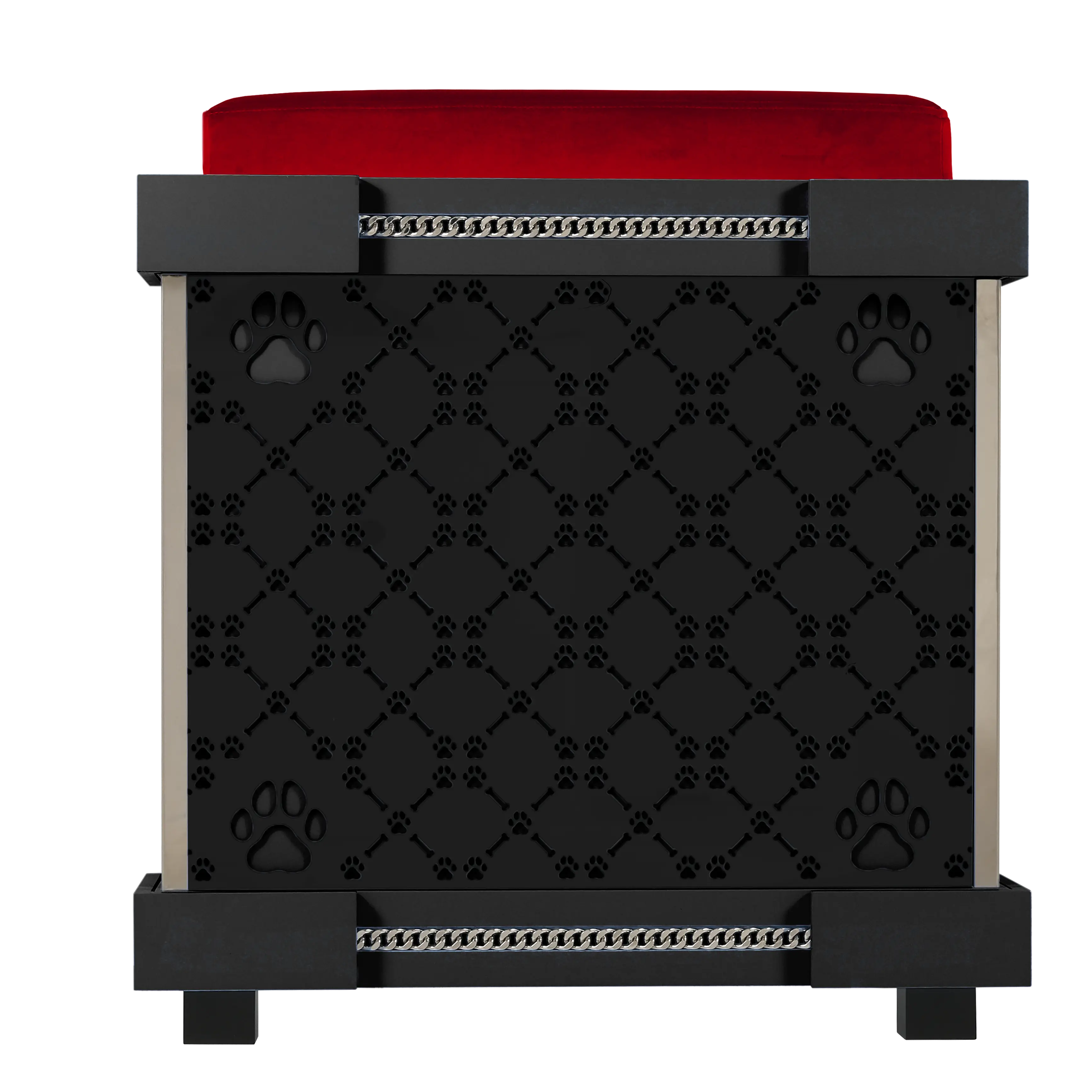 Rear view of the Icon celebrity puppy kennel house showcasing the signature patterned walls.