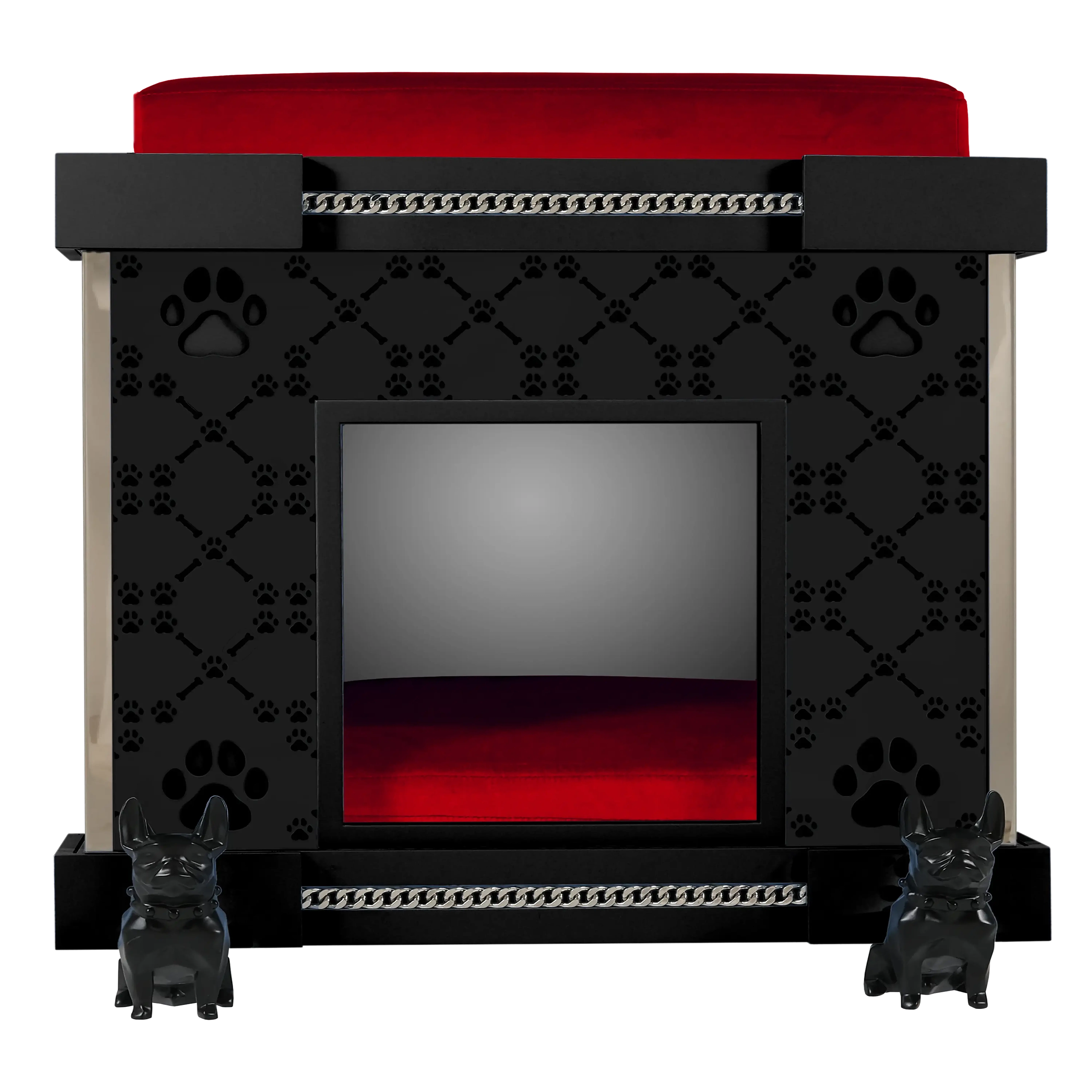 "Designer kennel facade with modern elegance for fashionable pets, featuring black French Bulldog casters and icon style."
