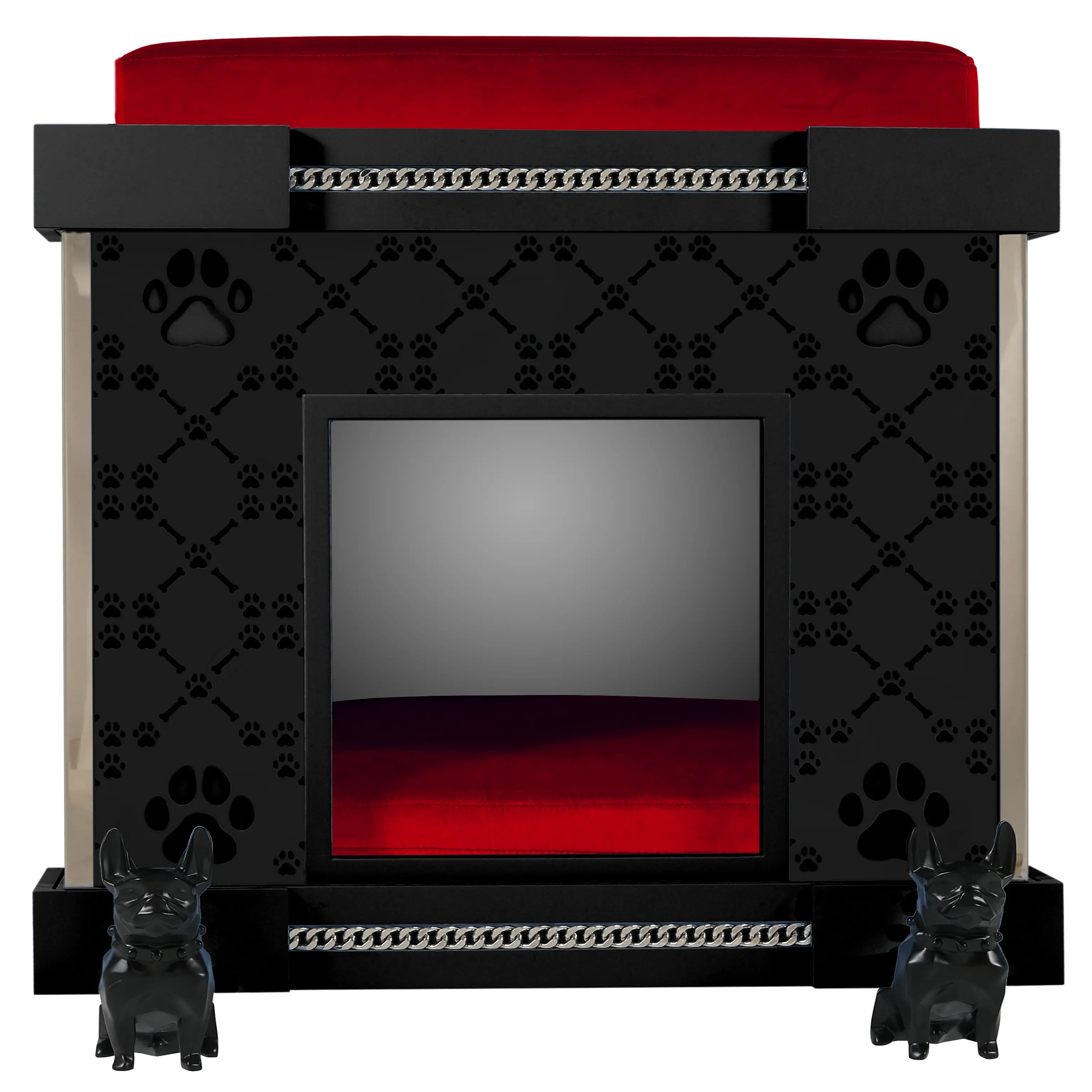 "Modern fashion designer kennel facade for large dog breeds featuring black French Bulldog casters and icon pets style."