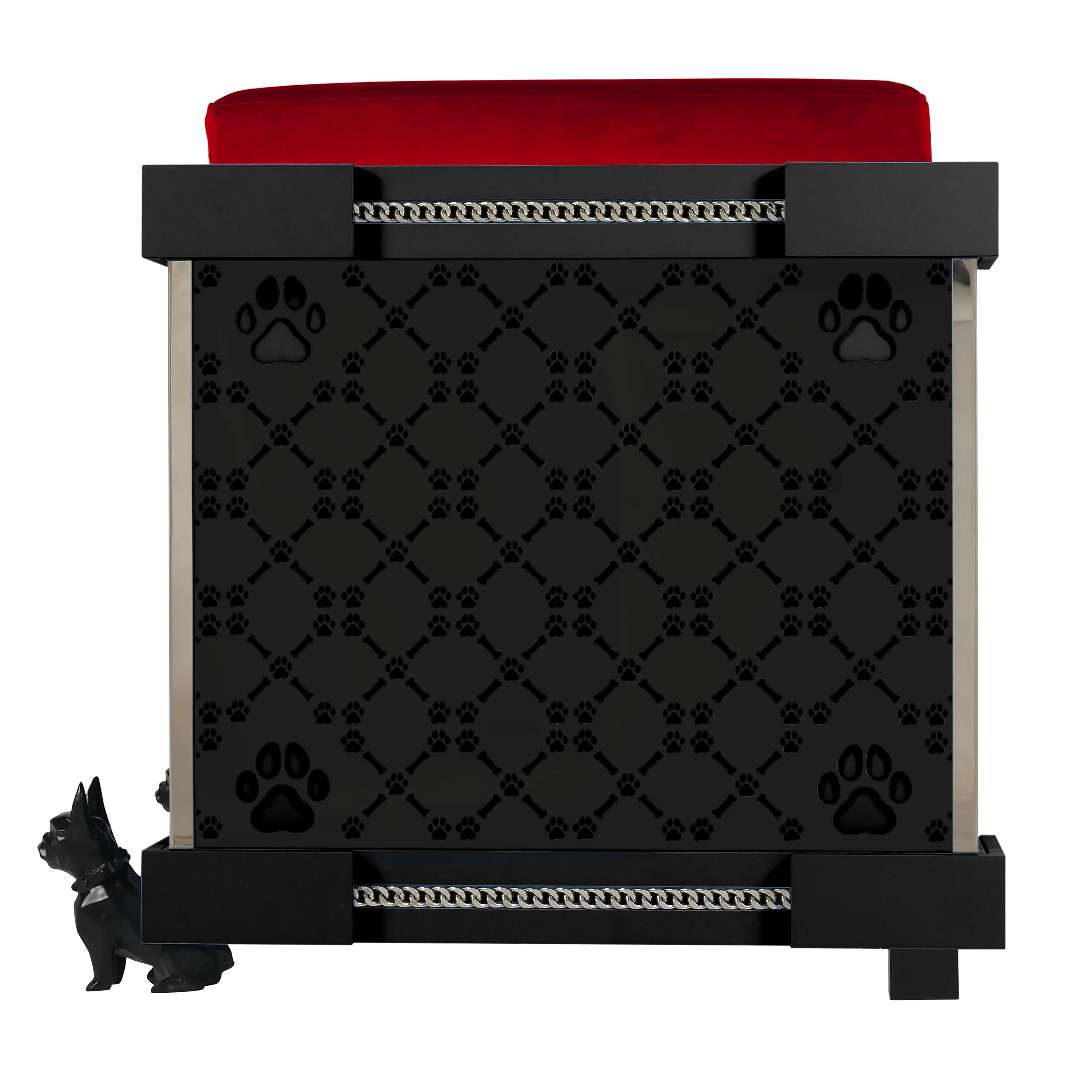 "Modern fashion FUROAR signature laser-cut pattern on a designer kennel for large dog breeds and icon pets."