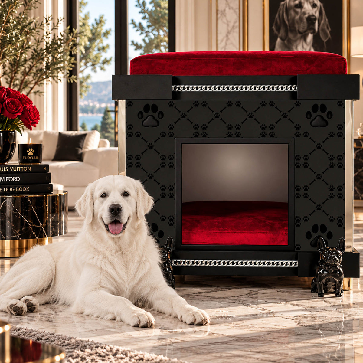A black dog house with red velvet cushions and a glass front, shown in a luxurious living room with a white dog lying on the marble floor in front of it.